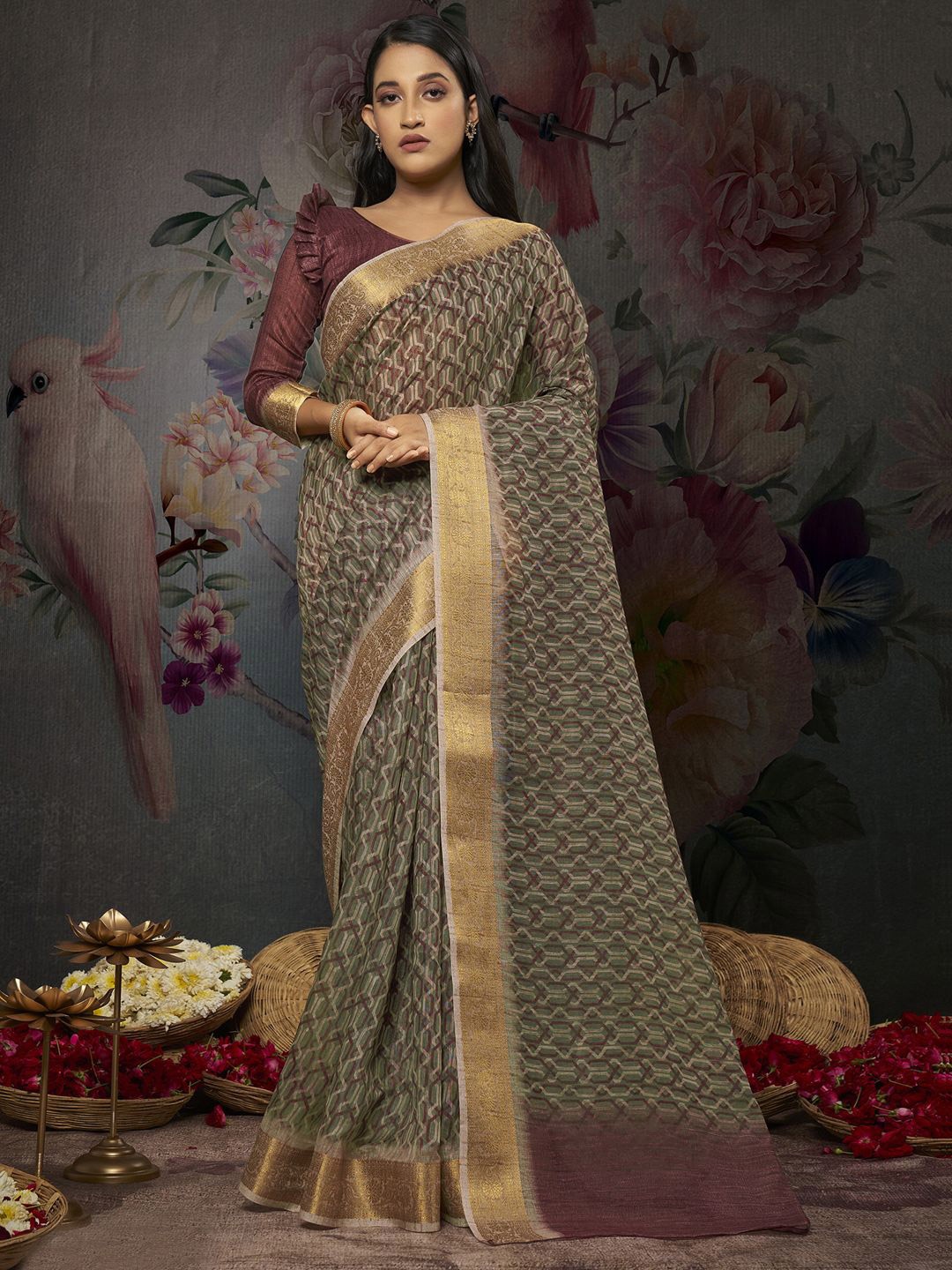 

Mitera Zari Saree, Green