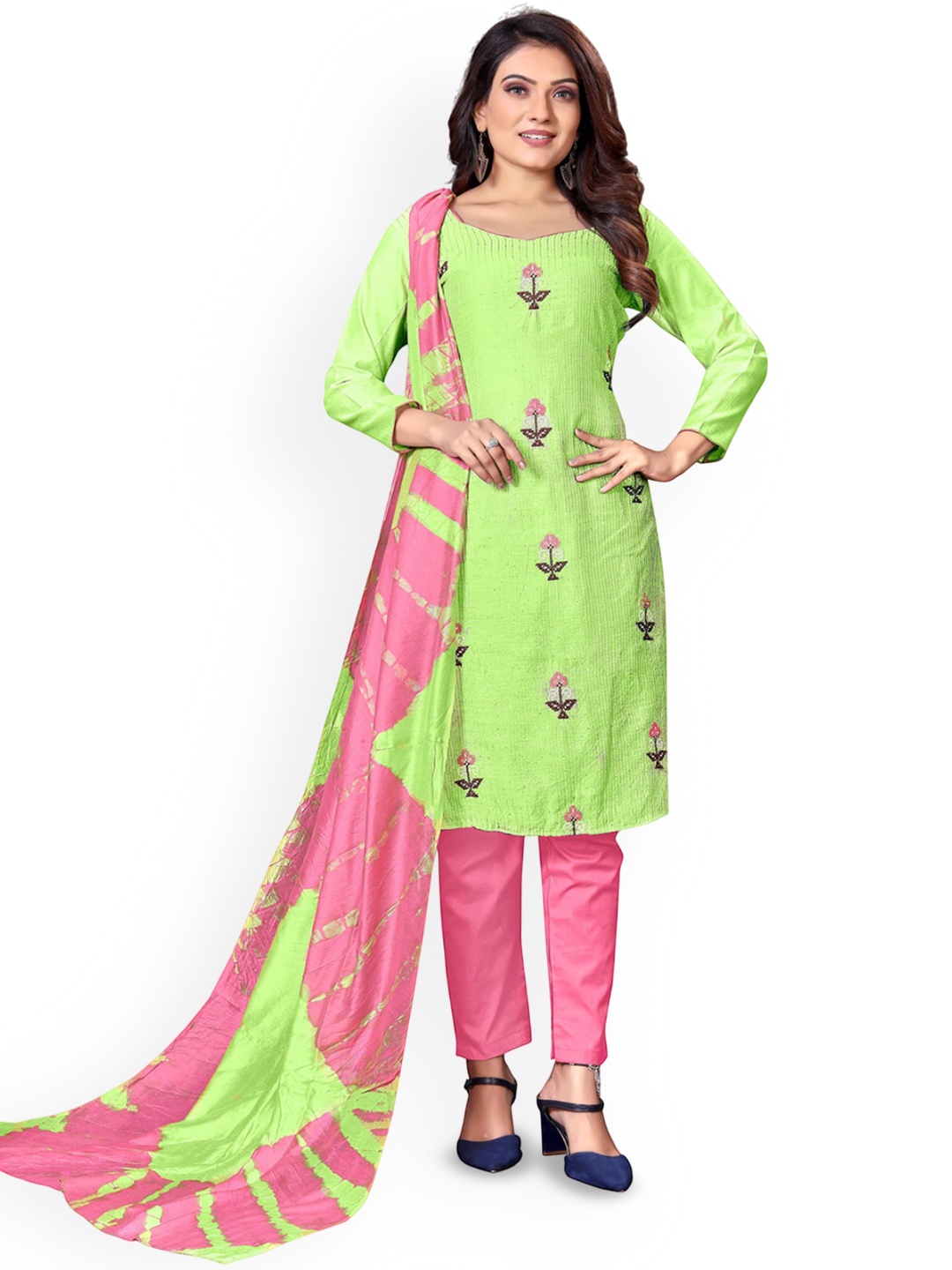 

SAINOOR Floral Embroidered Pure Cotton Unstitched Dress Material, Green