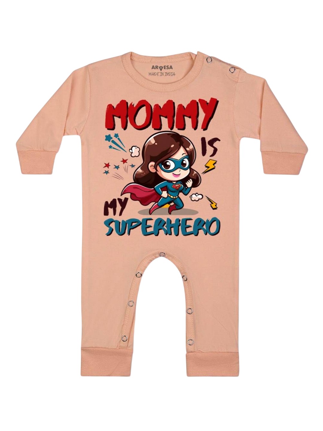 

Arvesa Kids Mommy Is My Superhero Printed Baby Romper, Peach