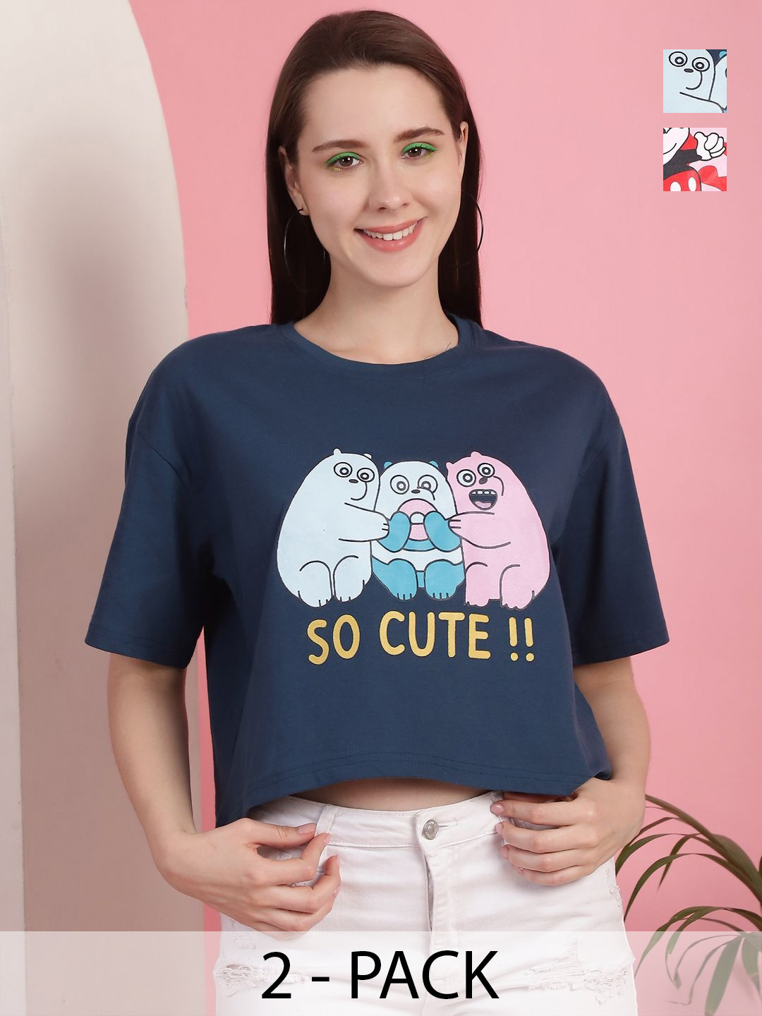 

Dreambe Women Pack of 2 Mickey Mouse Graphic Printed Round Neck Cotton Boxy T-shirts, Teal