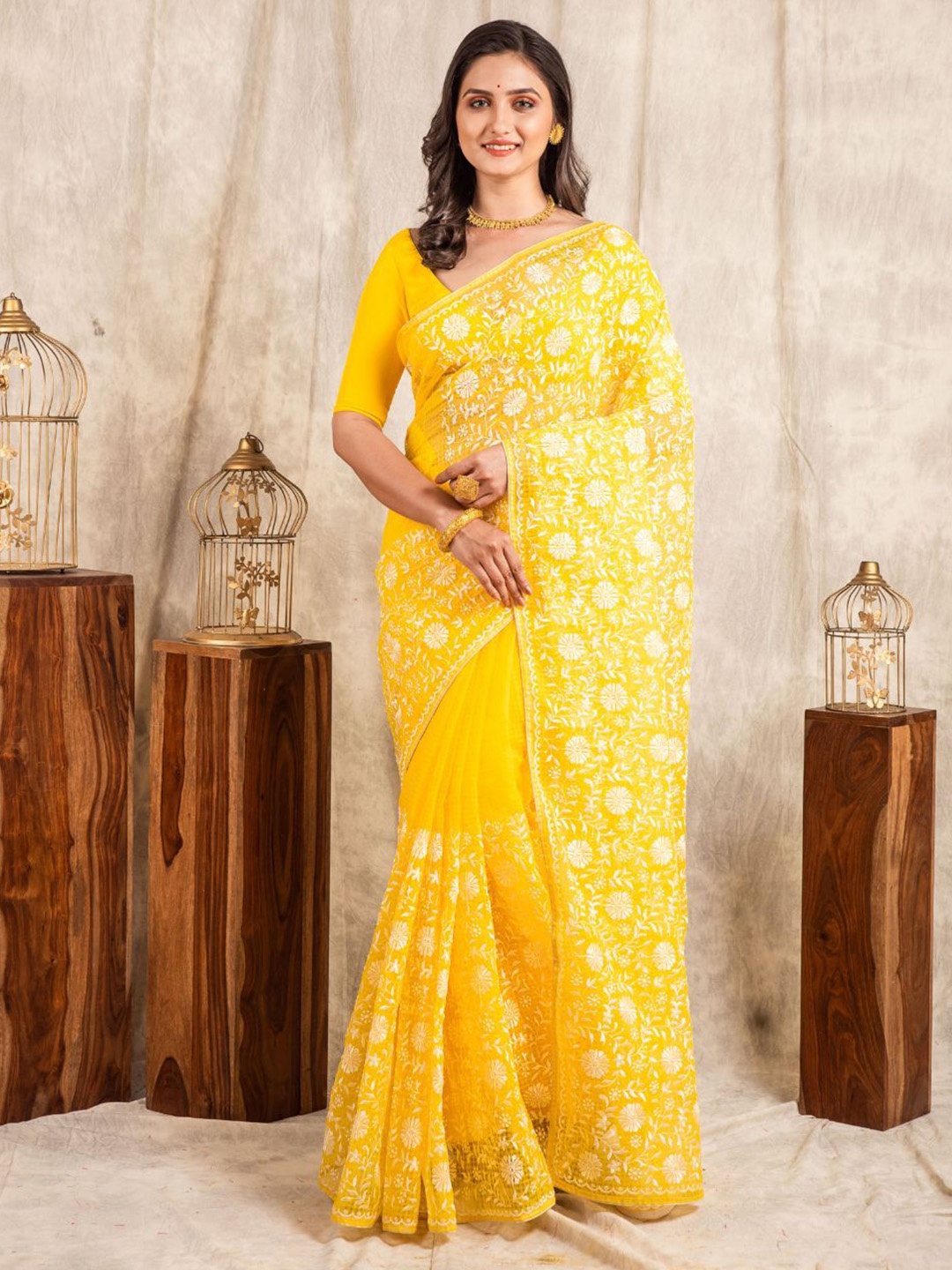 

8POURE Woven Design Embroidered Pure Cotton Kota Saree, Yellow