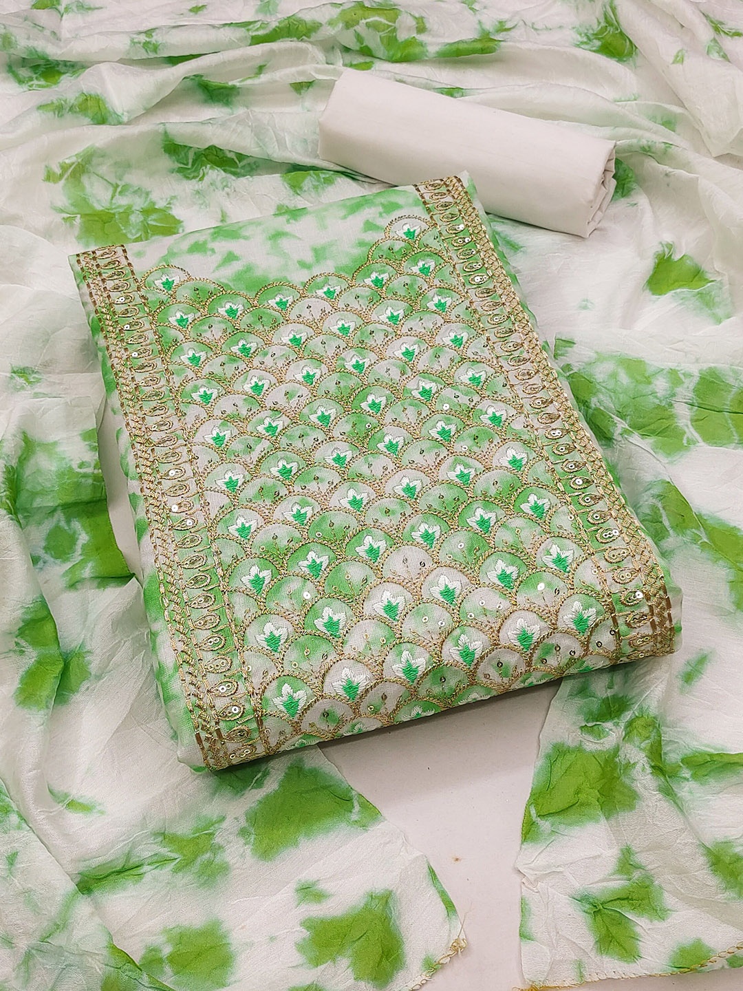

SAINOOR Floral Embroidered Zari Pure Cotton Semi-Stitched Dress Material, Lime green