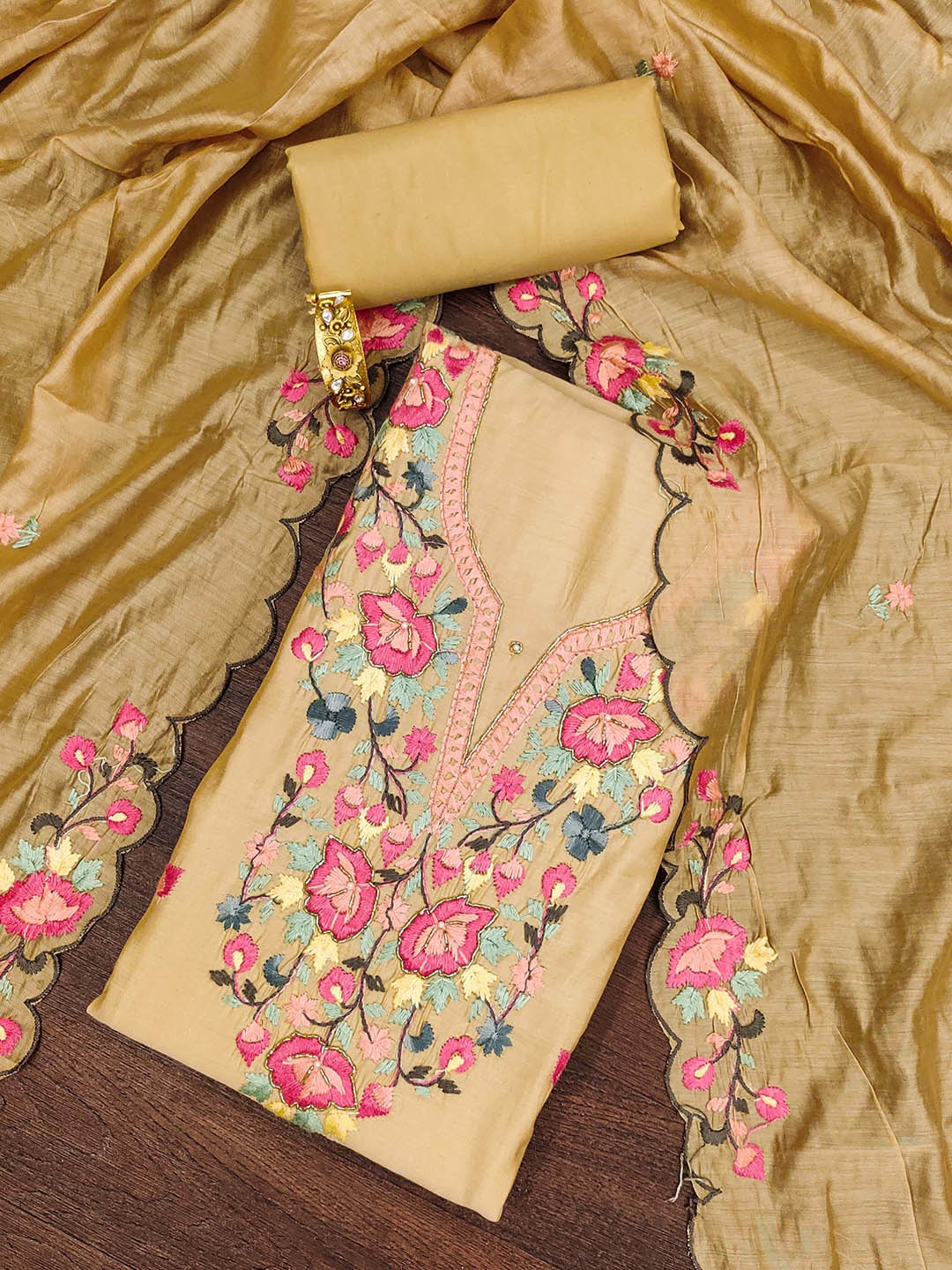 

SAINOOR Embroidered Pure Silk Semi-Stitched Dress Material, Beige