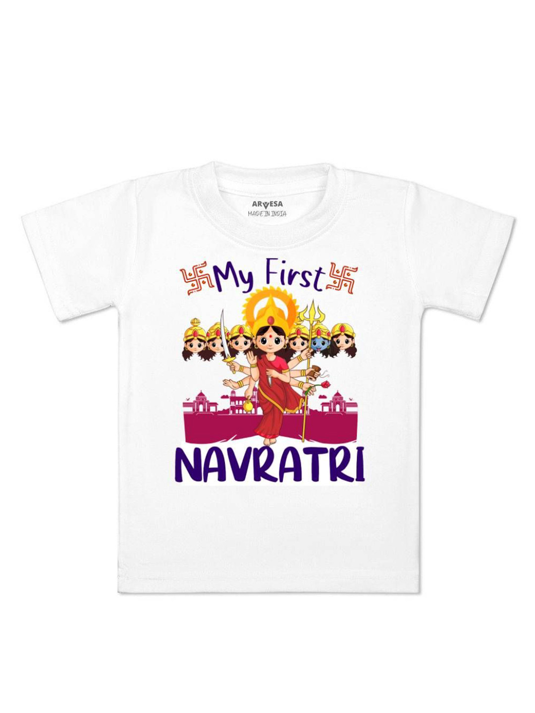 

Arvesa First Navratri Printed Kids Unisex T-shirt, White