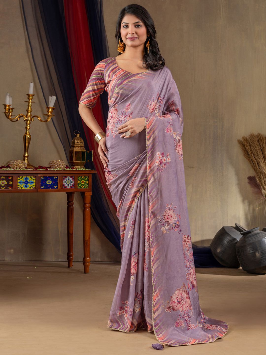 

Anouk Floral Block Print Saree, Lavender