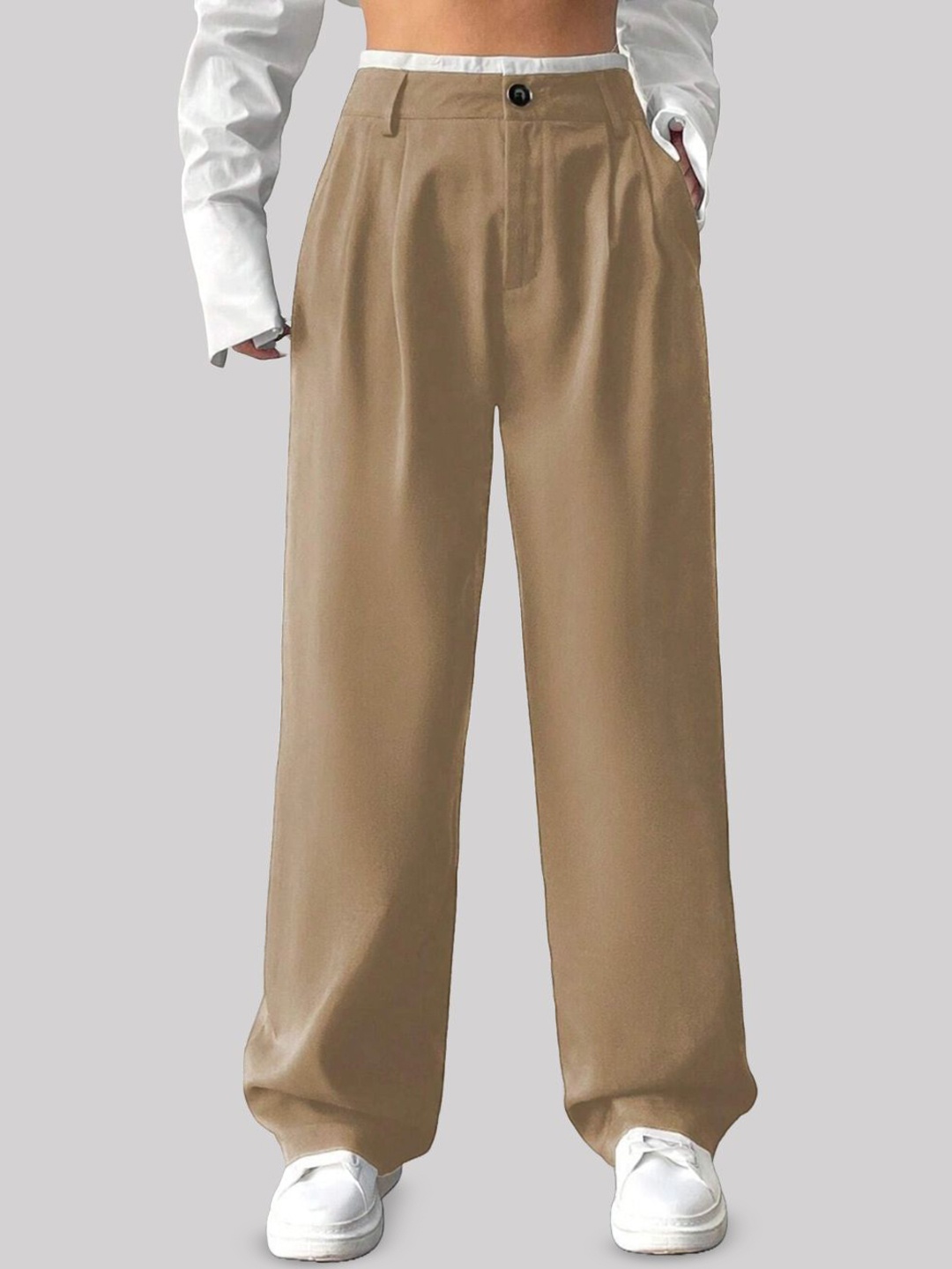 

FNOCKS Women Smart High-Rise Pleated Trousers, Beige