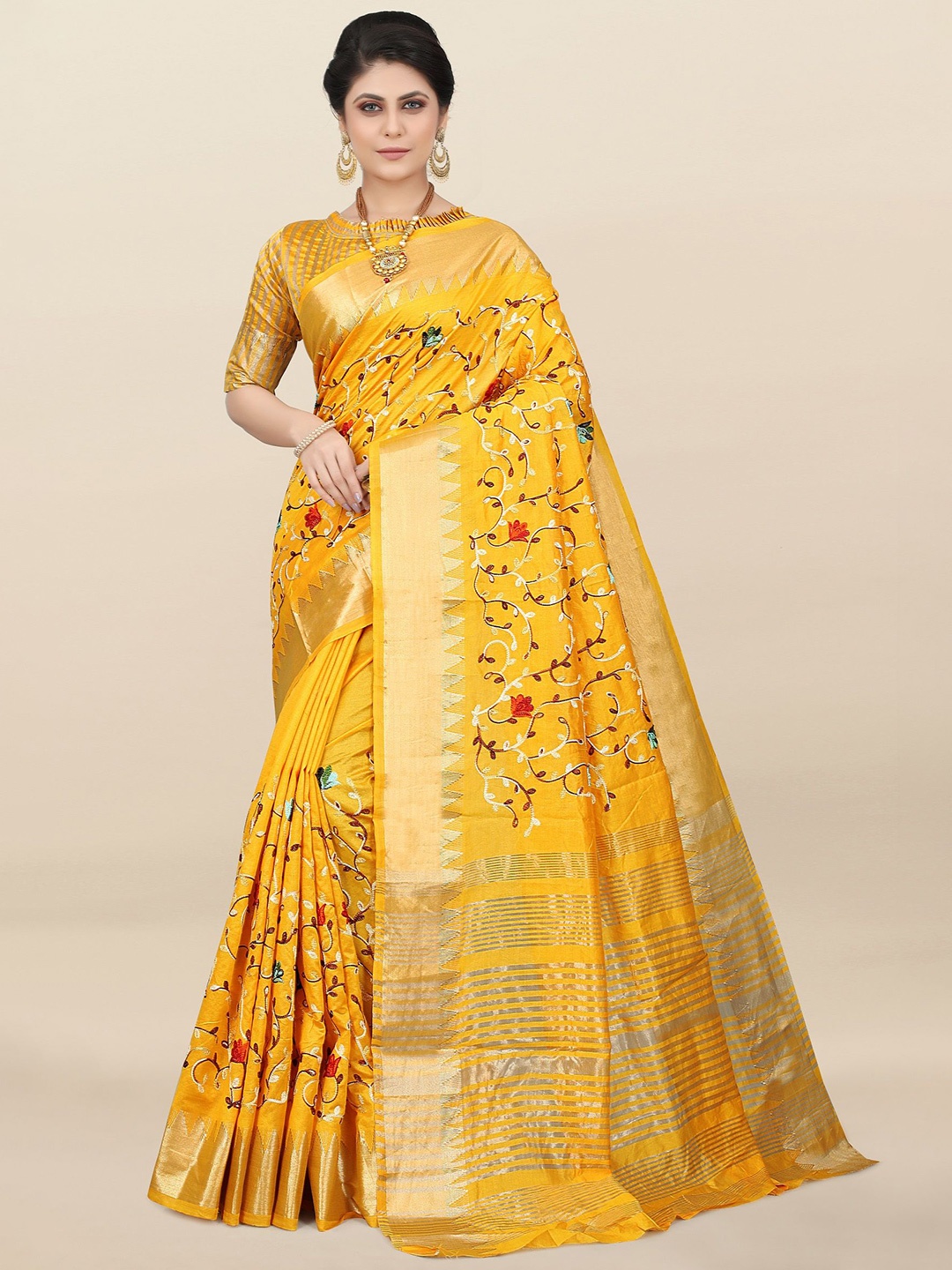 

DIVASTRI Ethnic Motifs Embroidered Silk Cotton Saree, Yellow