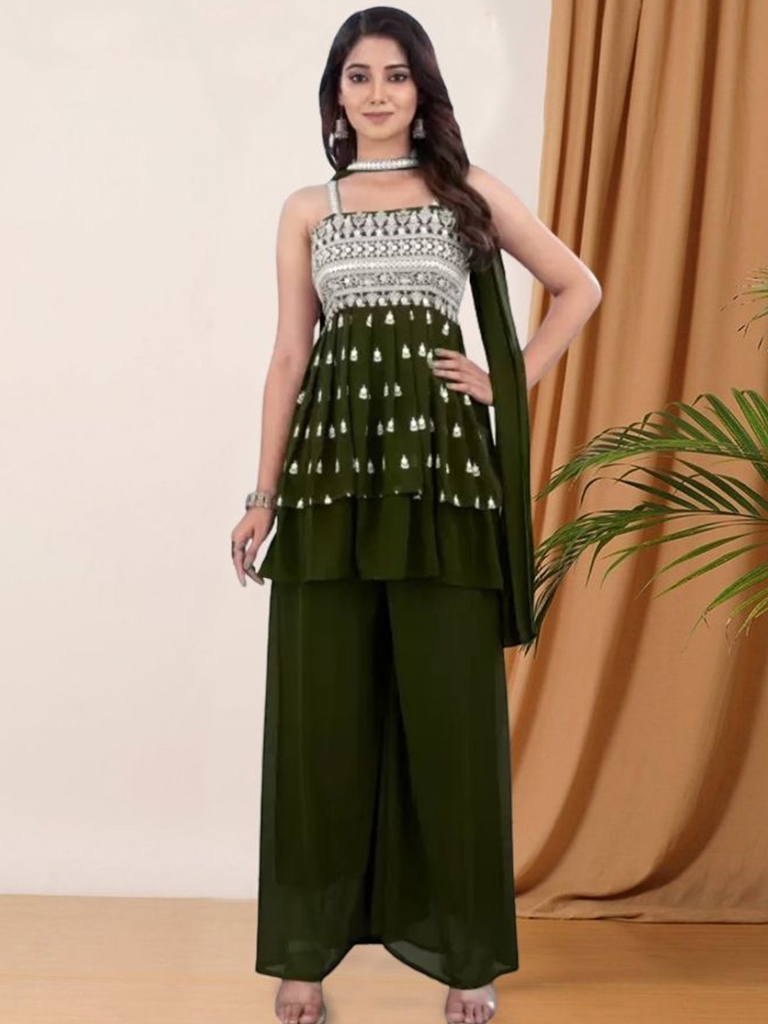 

PARROT CREATION Floral Embroidered Sequinned Square Neck Kurti with Sharara & Dupatta, Green