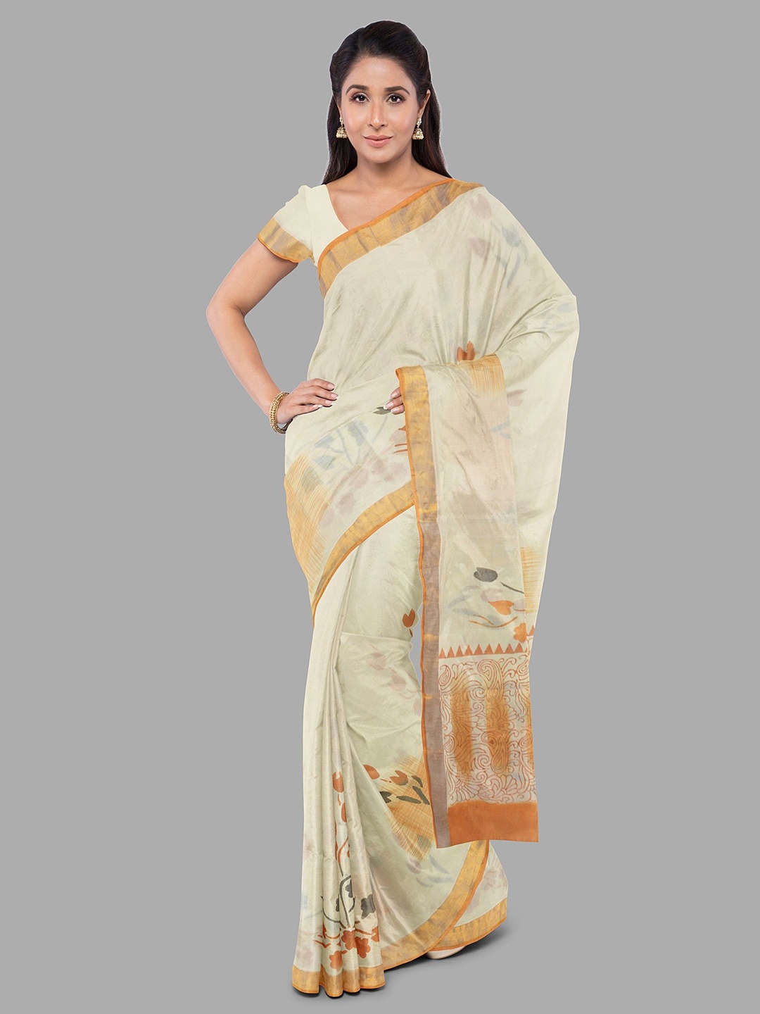 

The Chennai Silks Floral Pure Cotton Fusion Kovai Saree, Cream