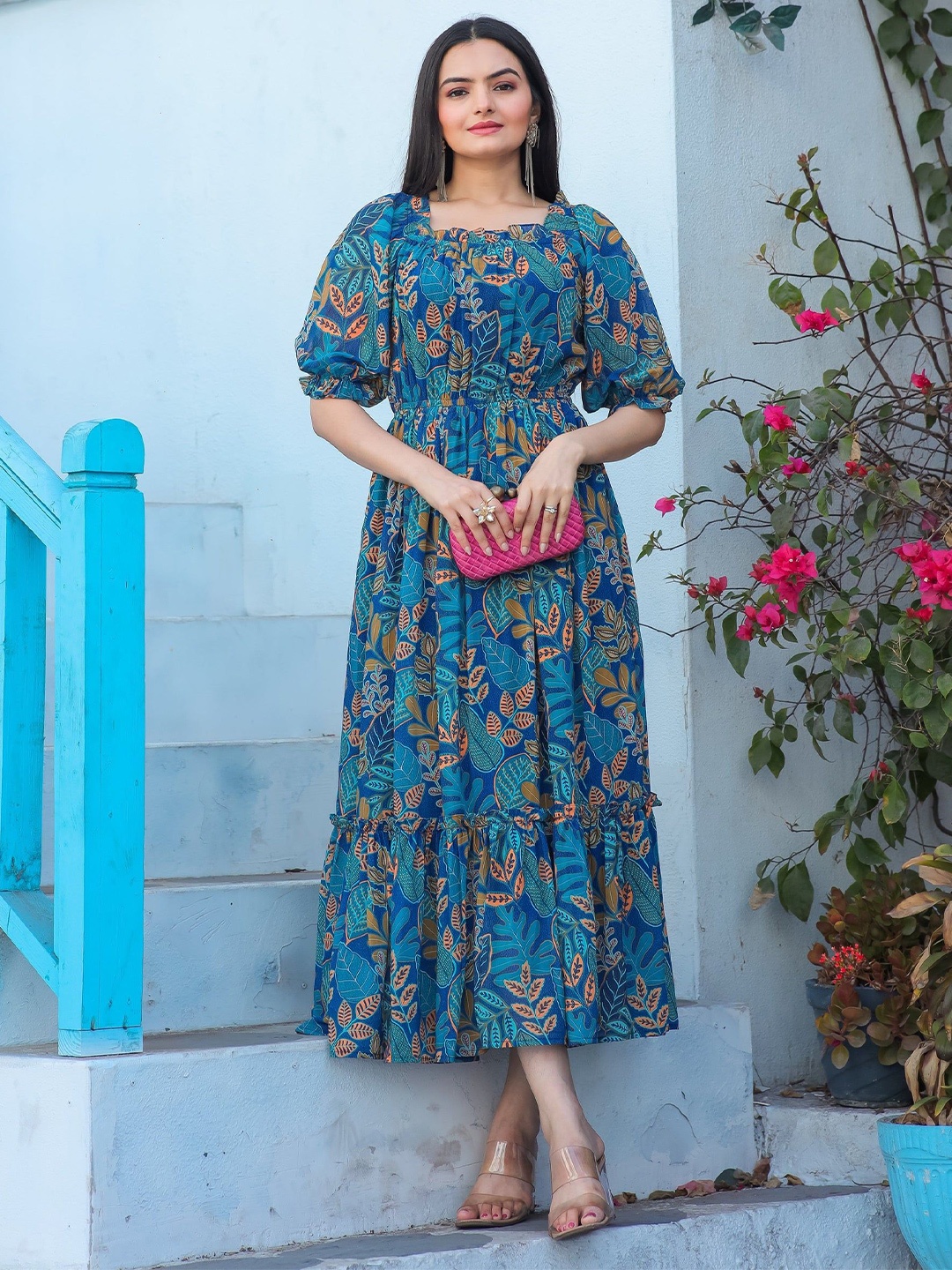 

Jash Creation Floral Print Crepe Fit & Flare Maxi Dress, Blue