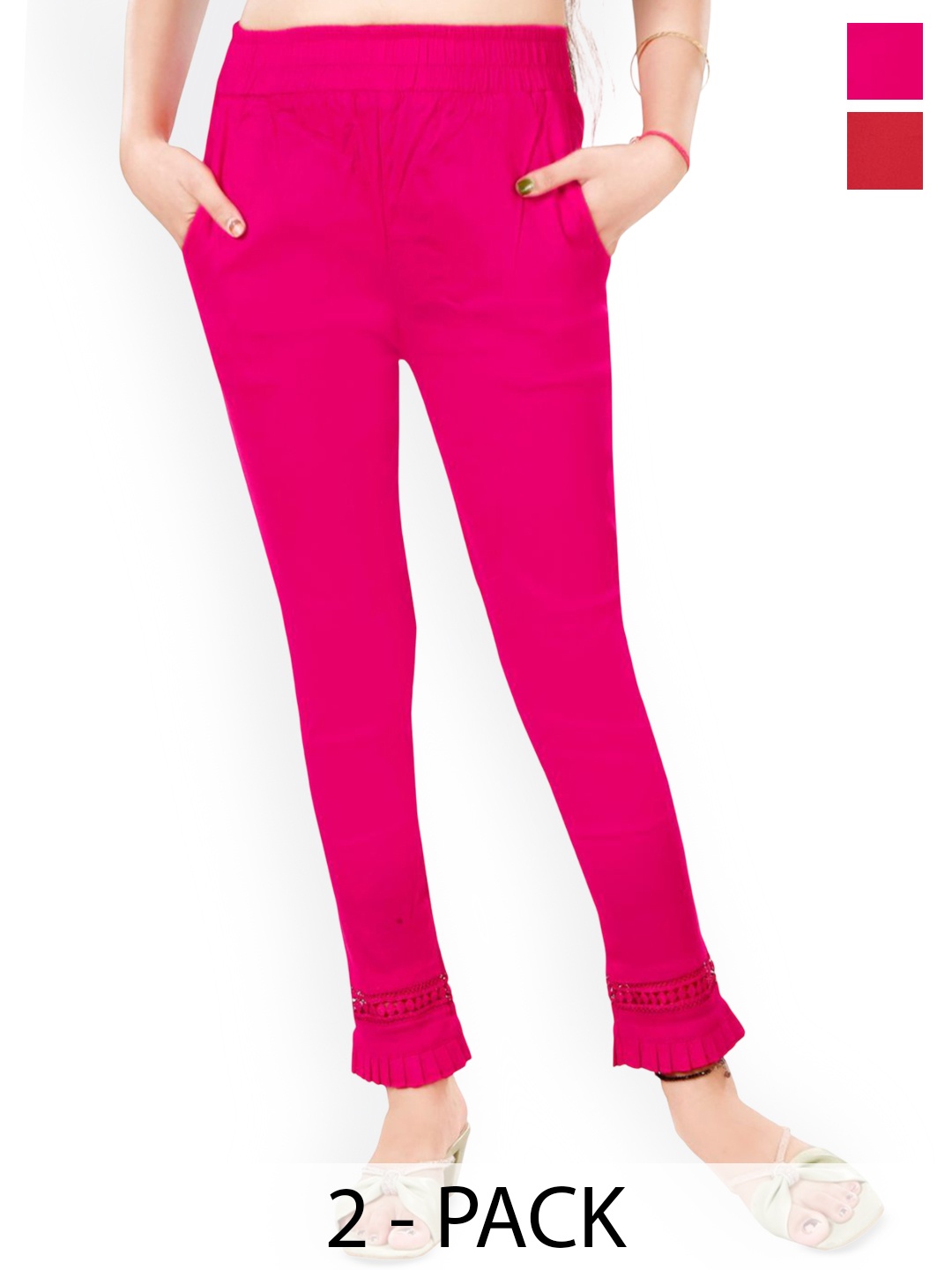

Fessist Pack of 2 Women Relaxed Slim Fit Easy Wash Pleated Trousers, Multi