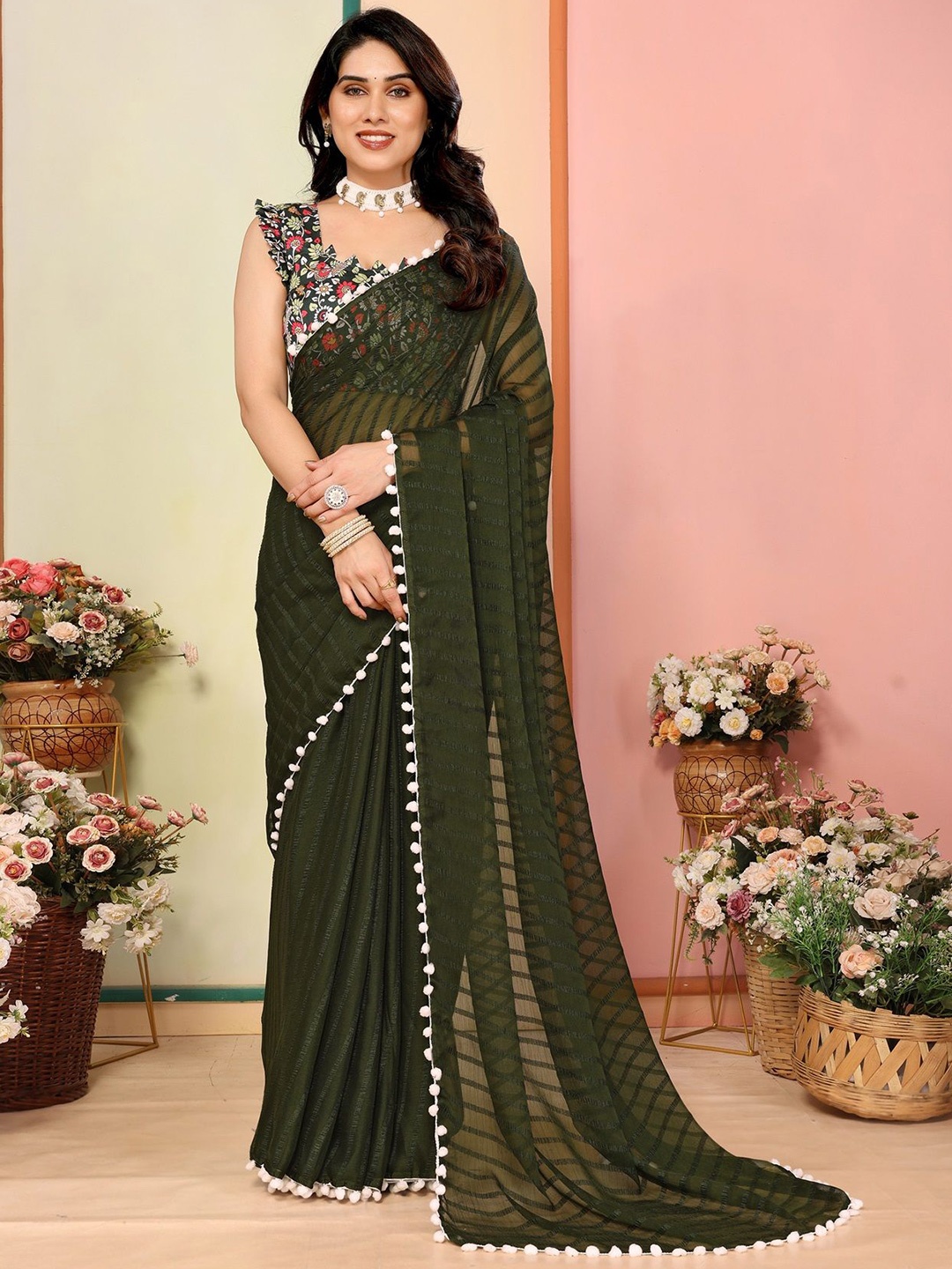 

Fashion FRICKS Striped Poly Georgette Saree, Green