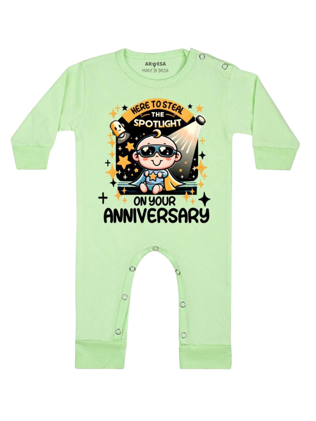 

Arvesa Kids First Anniversary With Mom And Dad Printed Baby Romper, Green