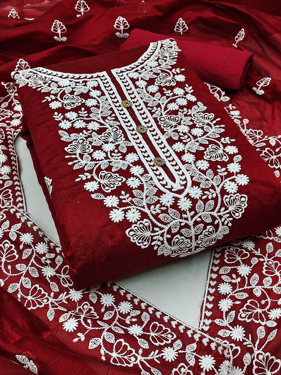 

SAINOOR Floral Embroidered Semi-Stitched Dress Material, Maroon