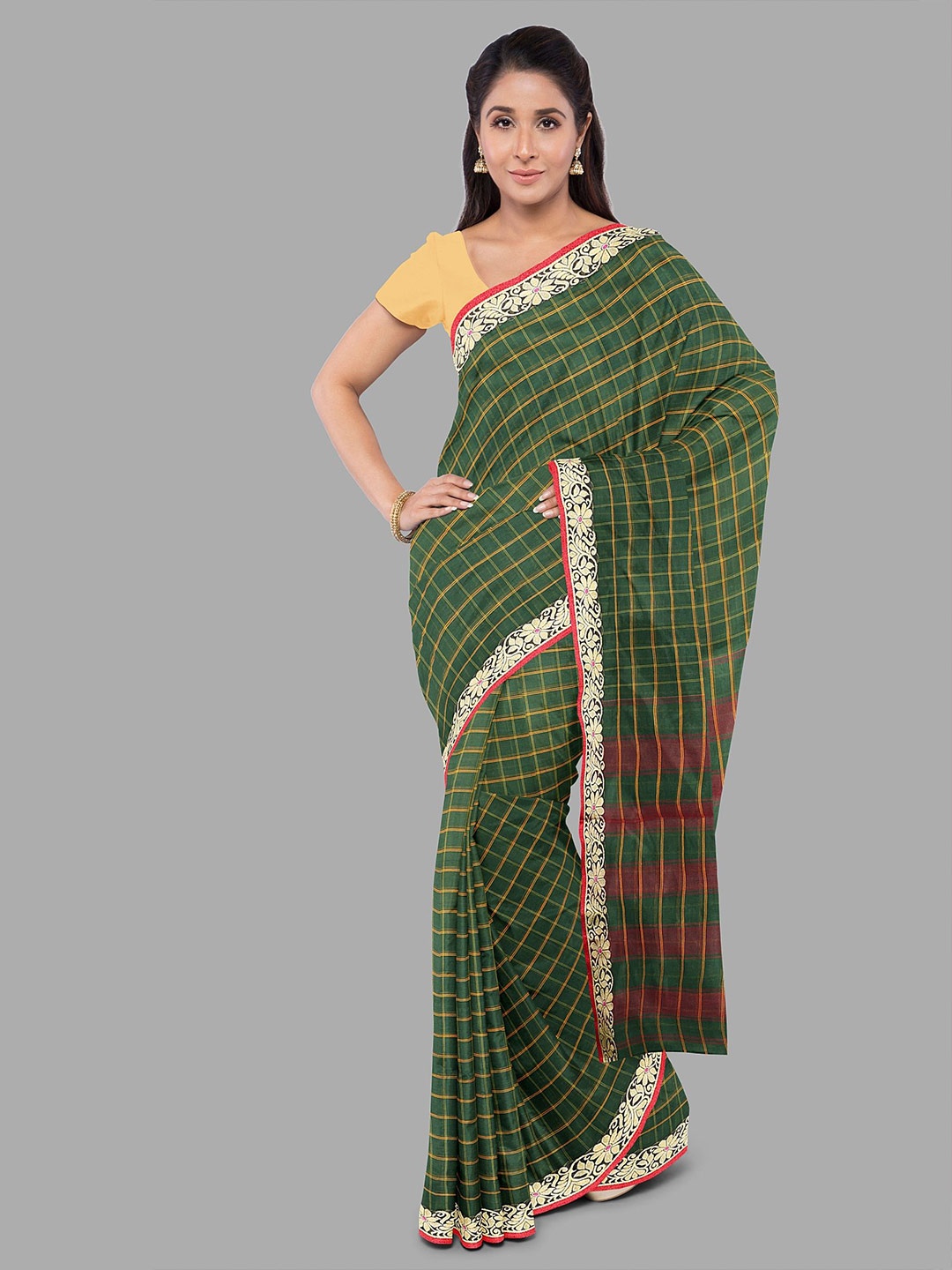 

The Chennai Silks Checked Zari Pure Cotton Chettinad Saree, Green