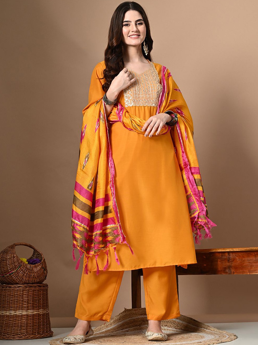 

KALINI Women Floral Embroidered Regular Kurta with Palazzos & With Dupatta, Yellow