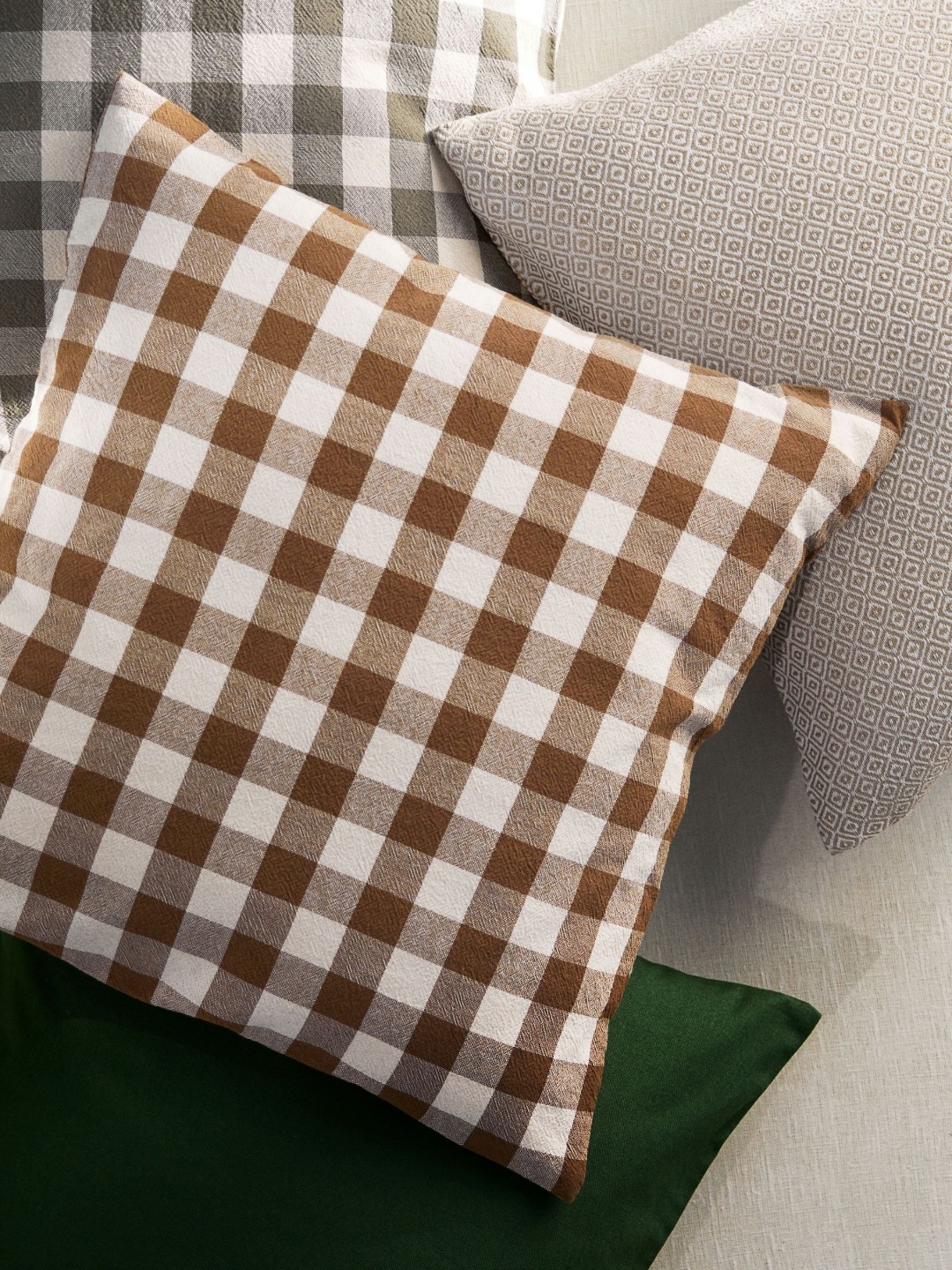 

H&M Beige And Brown Gingham-Checked Cotton Cushion Cover
