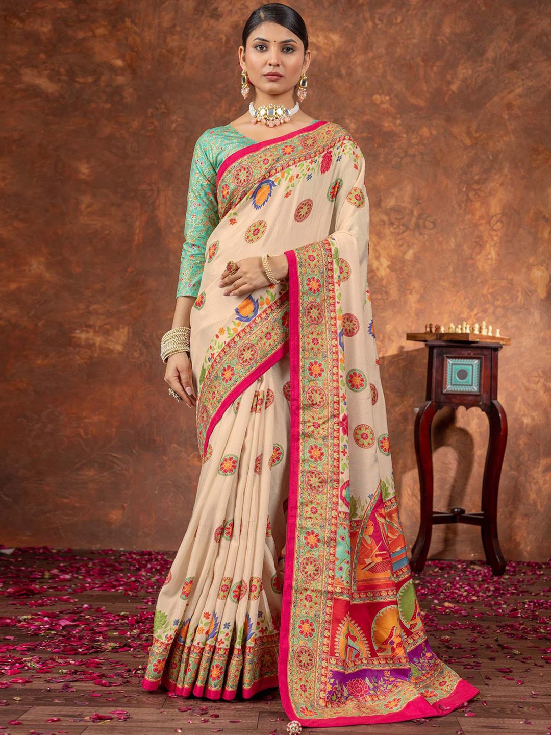 

Anouk Ethnic Motifs Silk Blend Saree, Cream