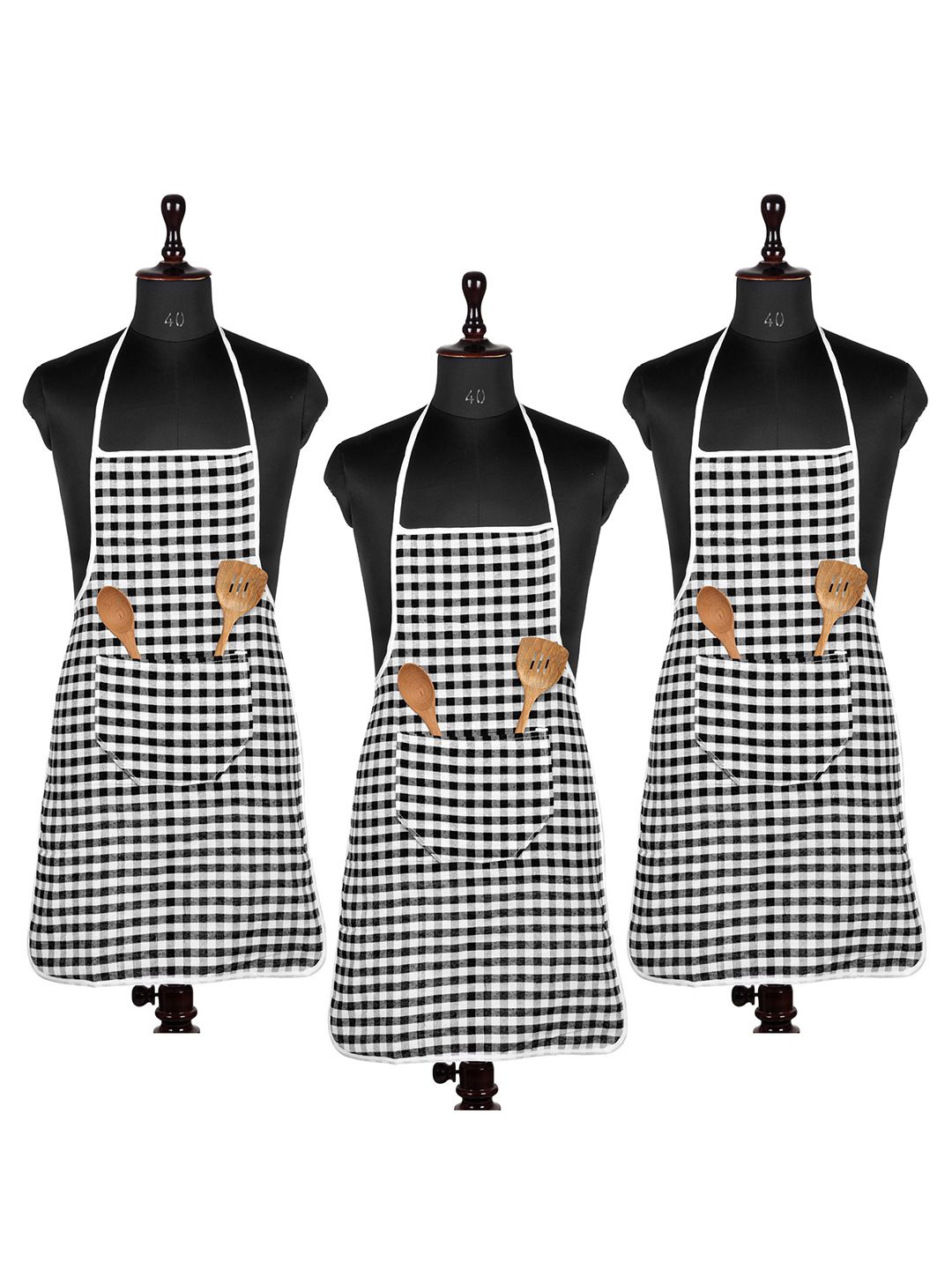 

Kuber Industries Black & White 3 Pieces Checked Cotton Front Pocket Aprons