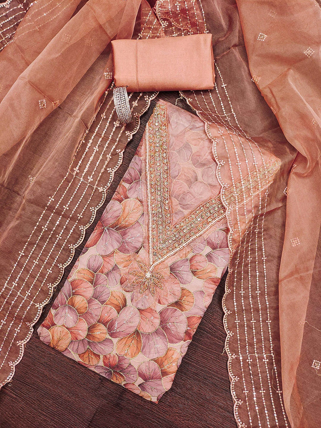 

SAINOOR Embroidered Organza Semi-Stitched Dress Material, Peach