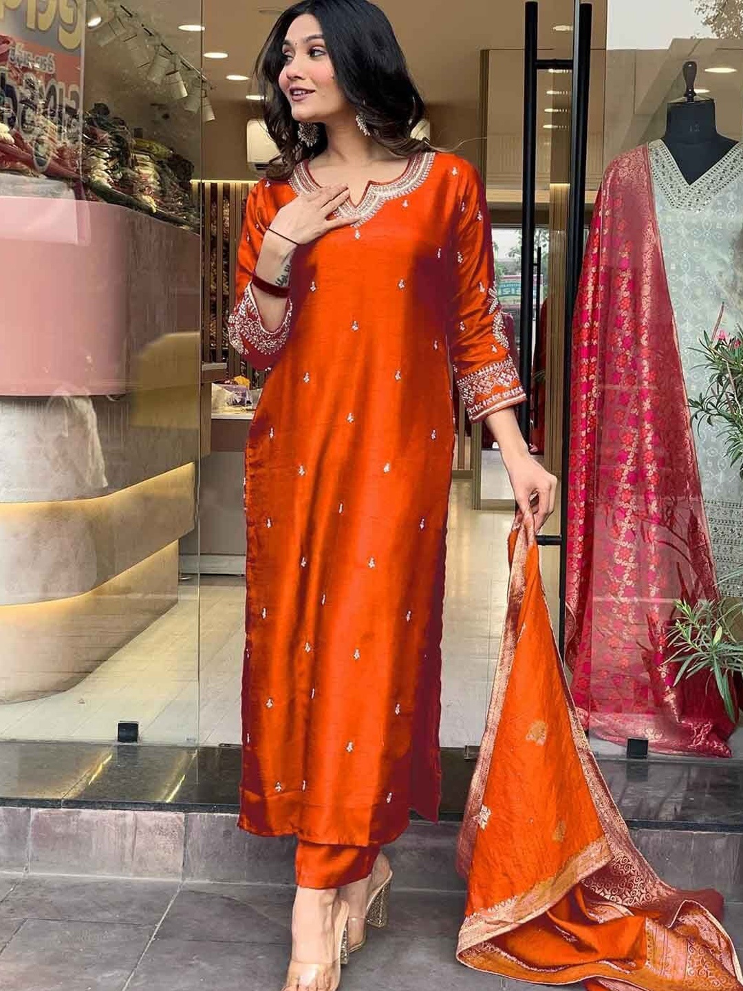 

ZEEPKART Ethnic Motifs Embroidered Beads And Stones Work Kurta With Trouser & Dupatta, Orange