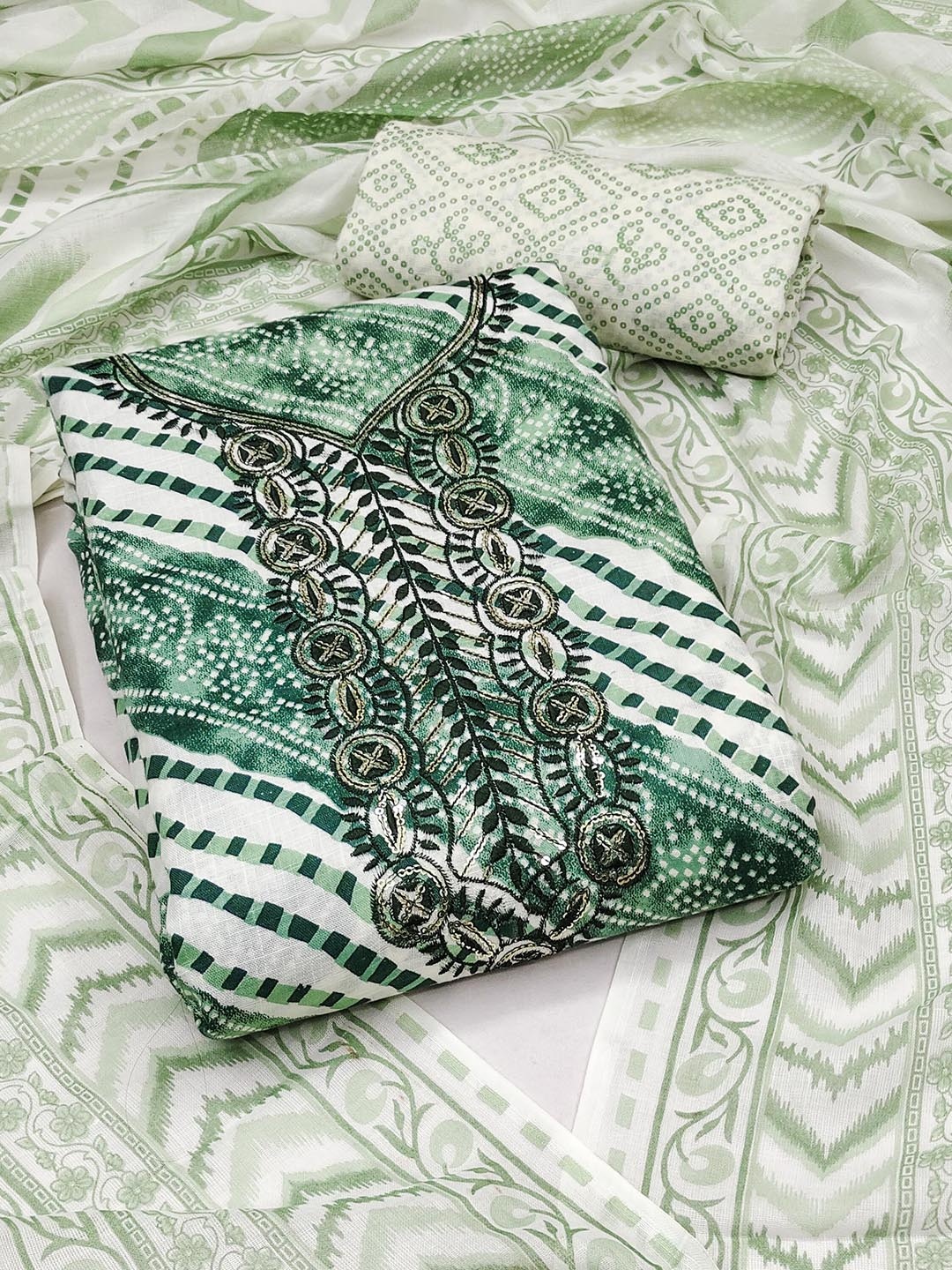

SAINOOR Ethnic Motifs Printed Sequinned Pure Cotton Unstitched Dress Material, Sea green