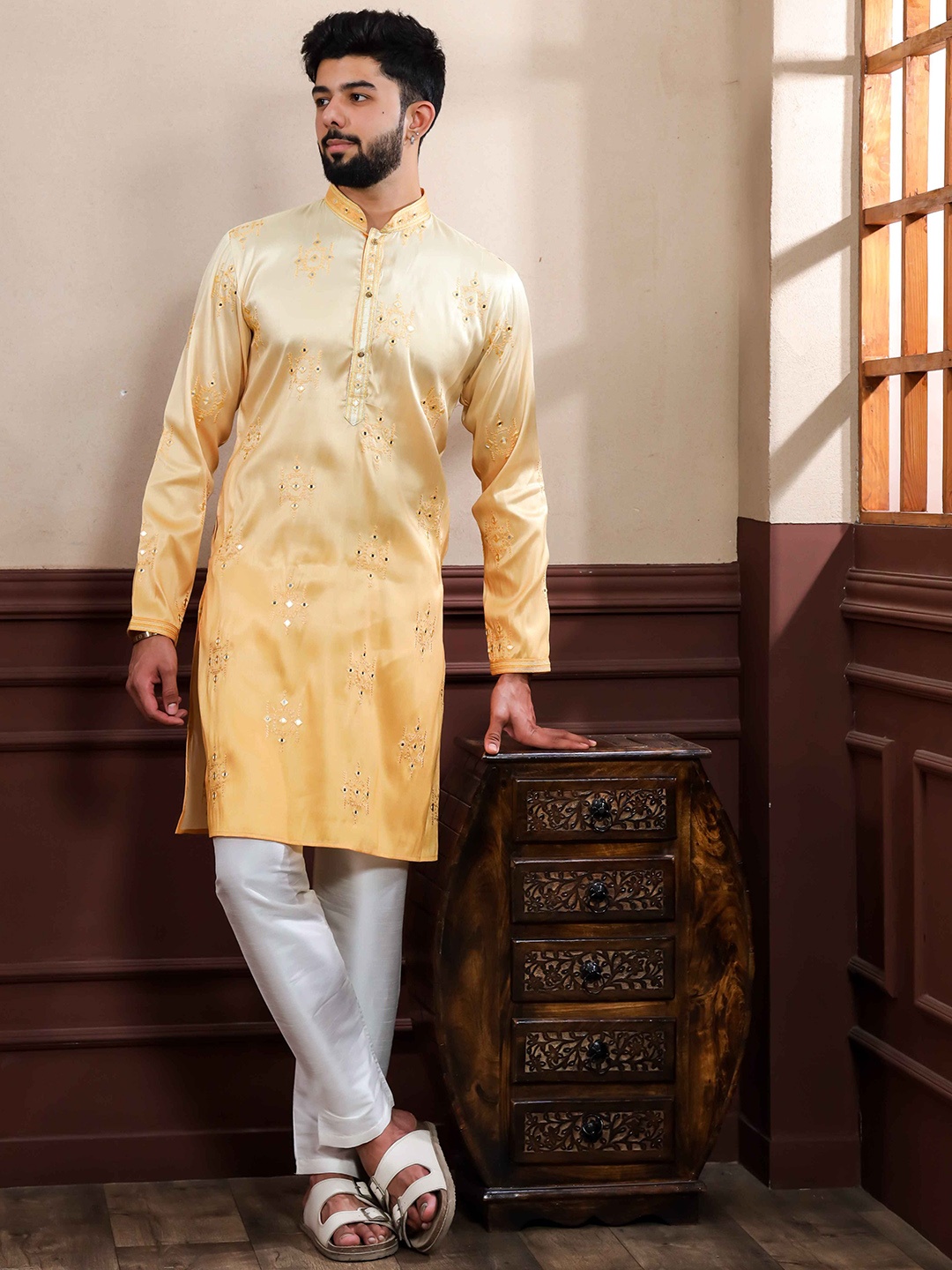

Koshin Embroidered Mirror Work Mandarin Collar Kurta, Yellow