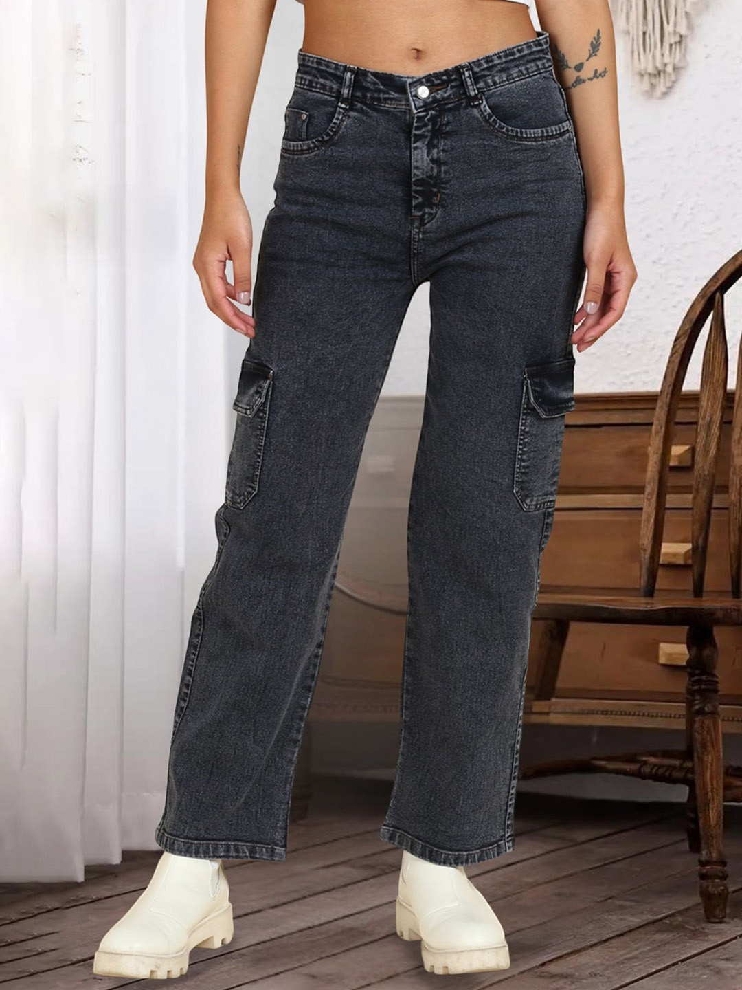 

DressBerry Women Comfort Straight Fit High-Rise Light Fade Acid Wash Stretchable Jeans, Black