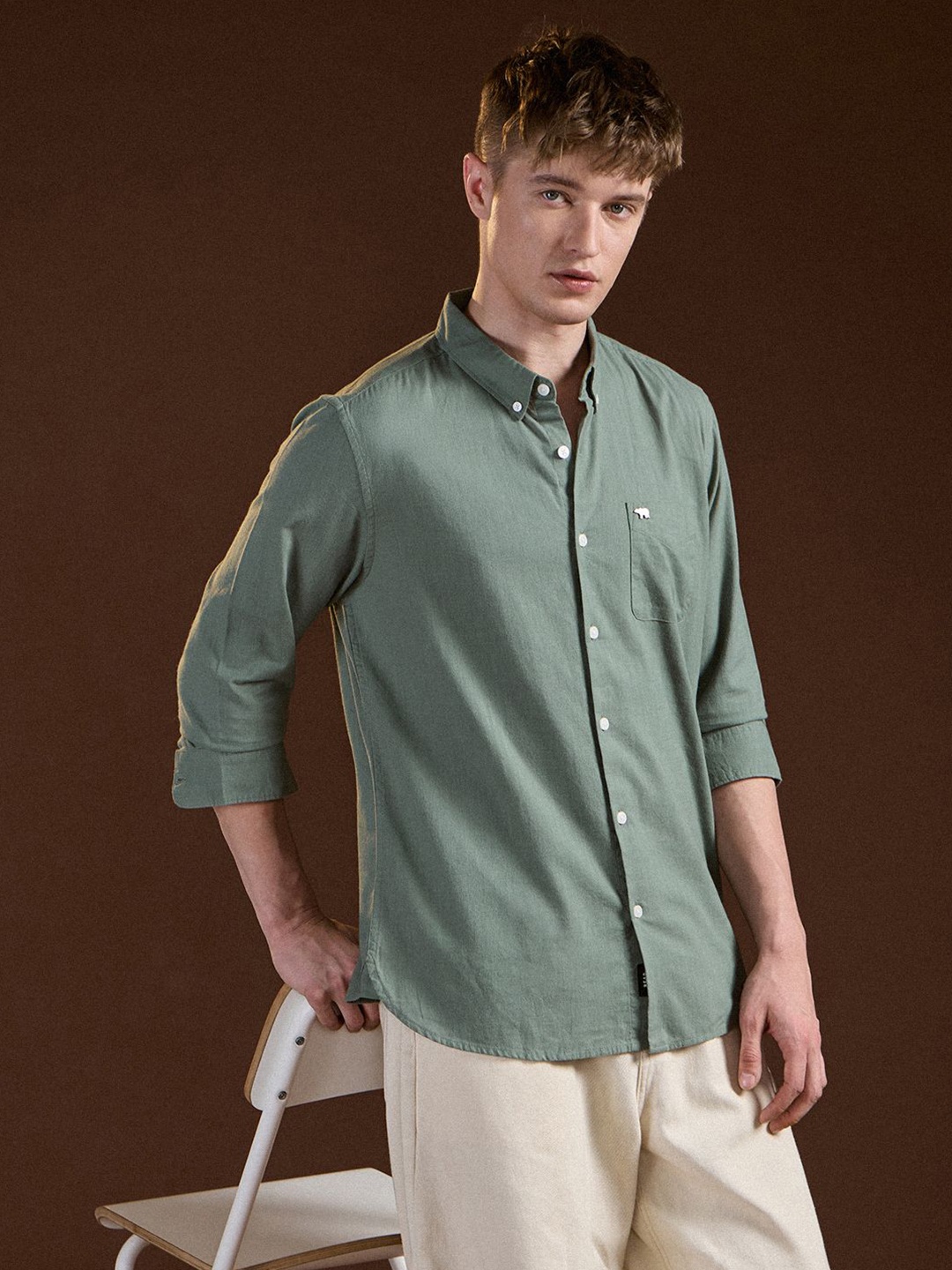 

THE BEAR HOUSE Men Slim Fit Opaque Casual Shirt, Green