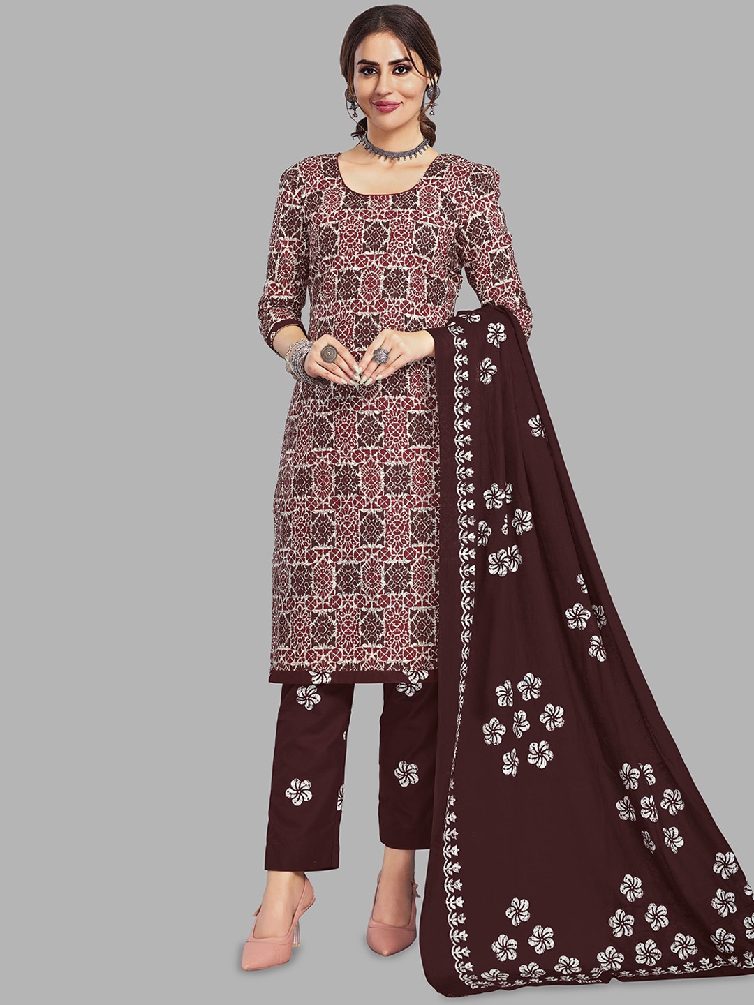 

shree jeenmata collection Floral Printed Pure Cotton Straight Kurta With Trouser & Dupatta, White