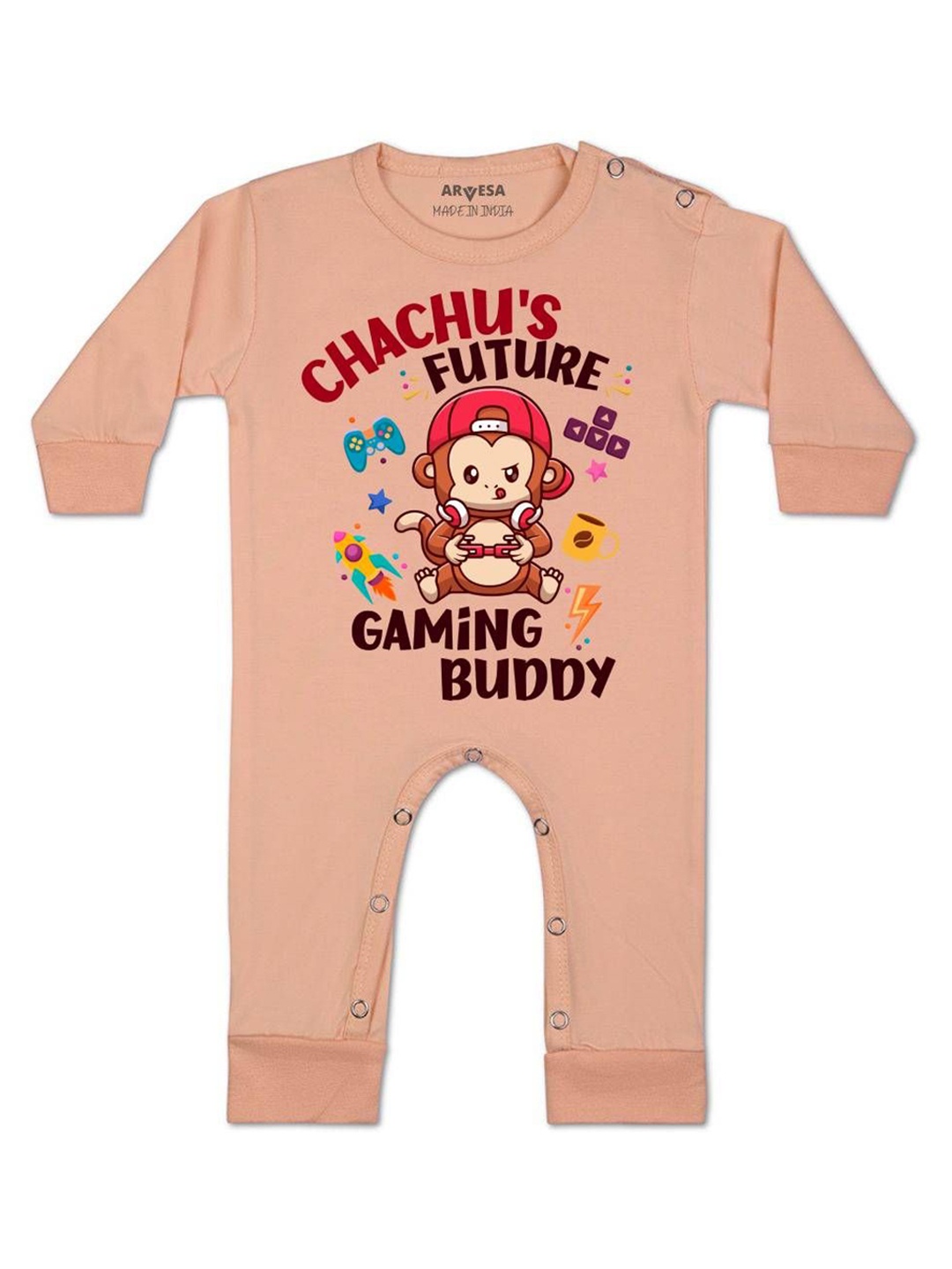 

Arvesa Kids Chachu Future Gaming Buddy Printed Baby Romper, Peach