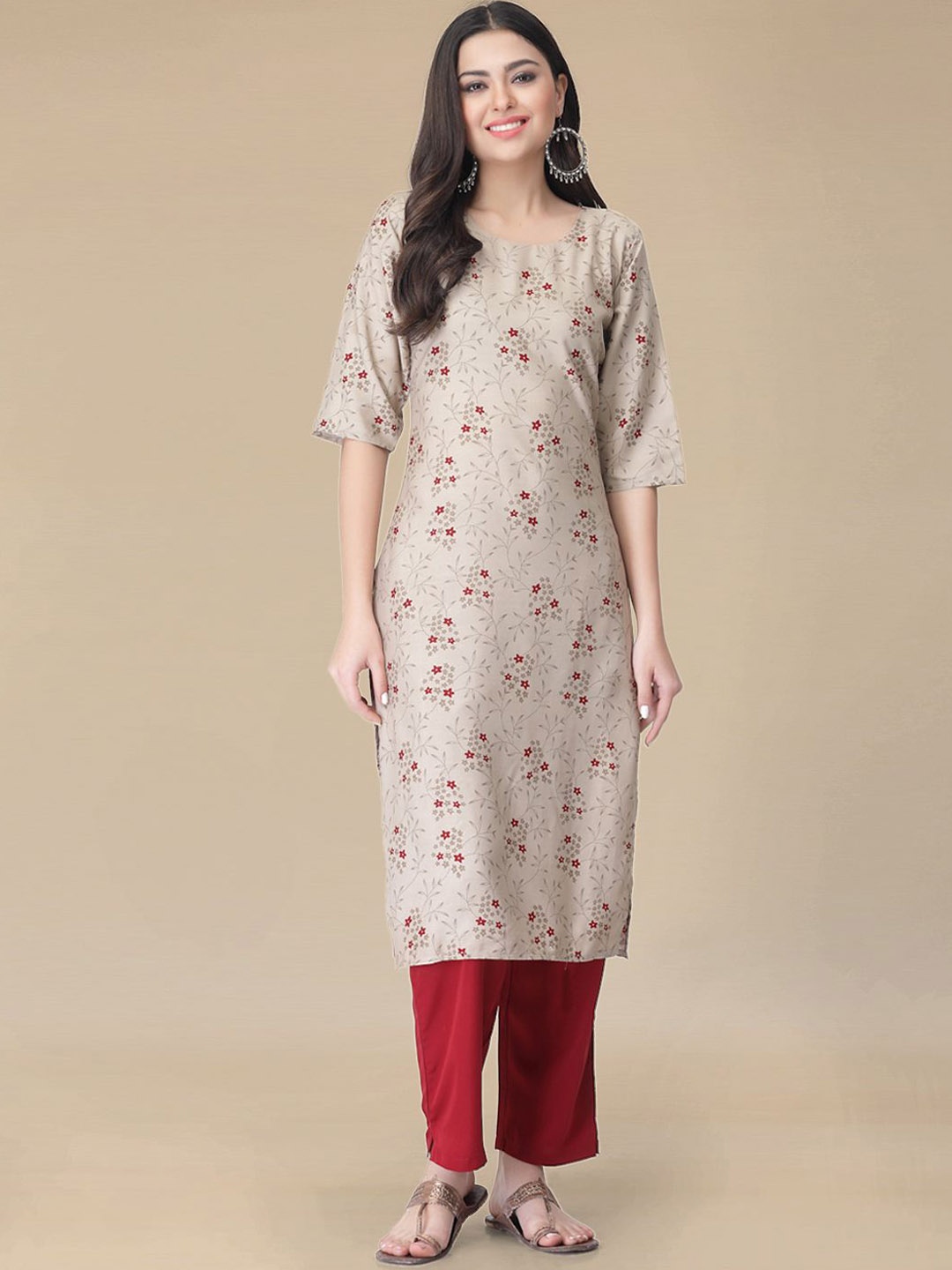 

Moda Rapido Floral Printed Round Neck Straight Kurta with Trousers, Beige