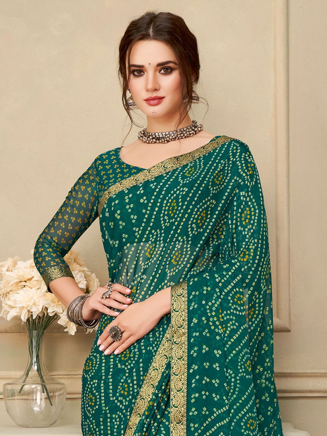 

Mitera Bandhani Poly Chiffon Bagru Saree, Teal