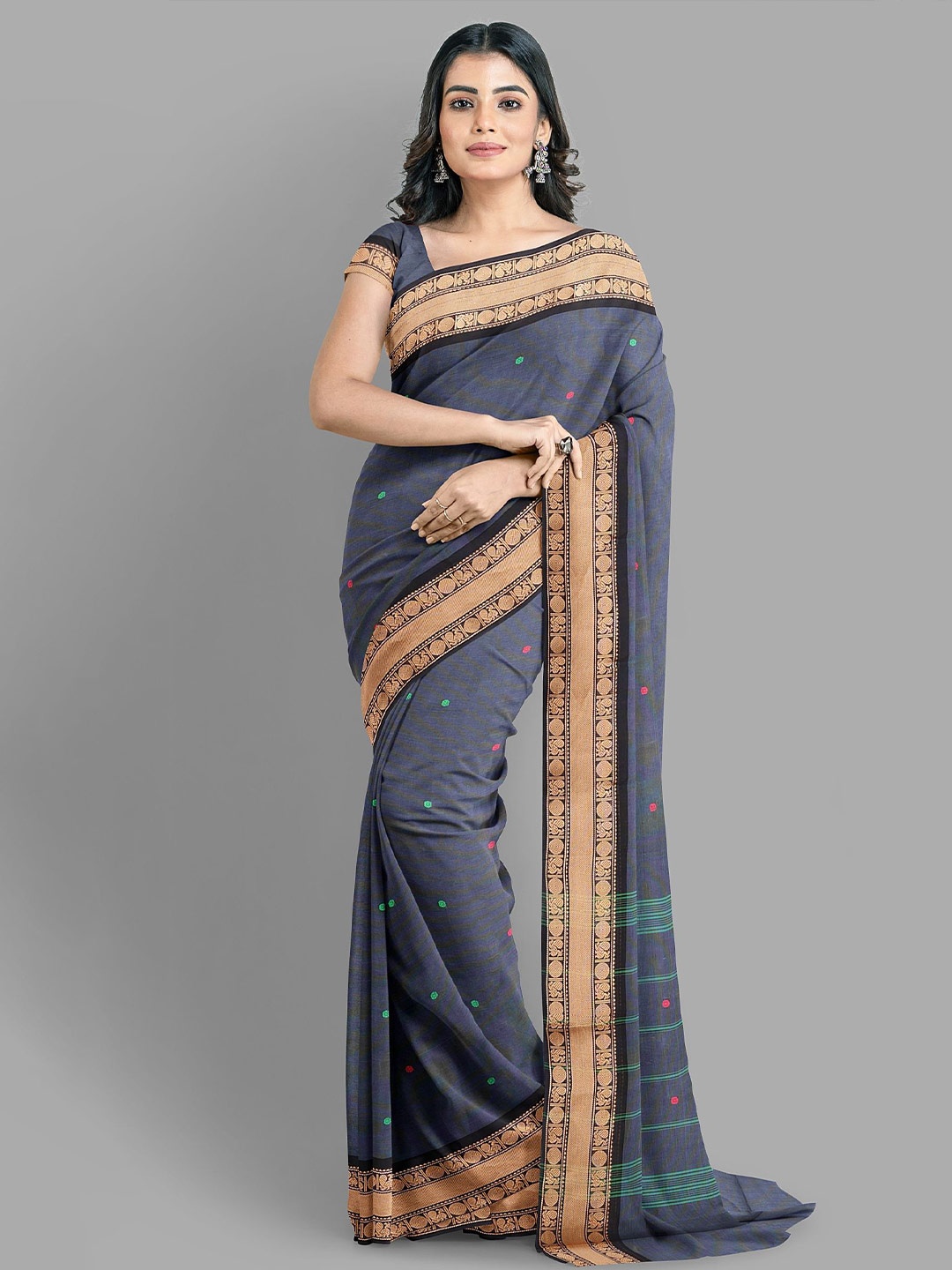 

The Chennai Silks Woven Design Zari Pure Cotton Fusion Chettinad Saree, Navy blue