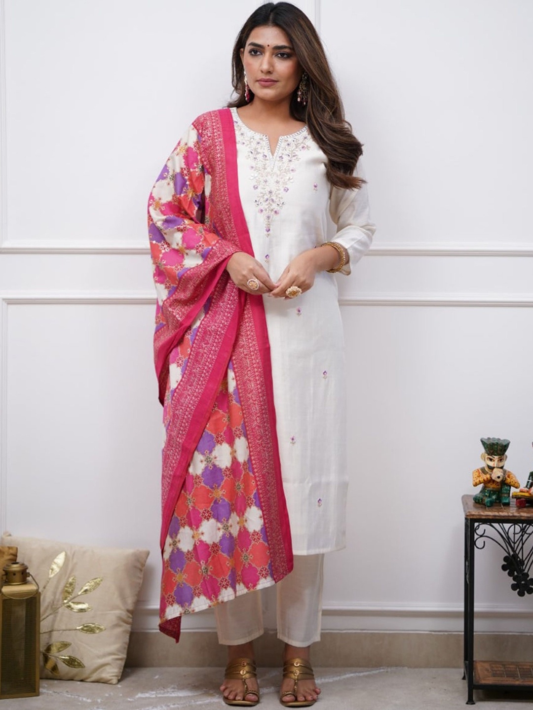 

NIZA FASHION Women Embroidered Regular Chanderi Silk Kurta with Trousers & With Dupatta, White