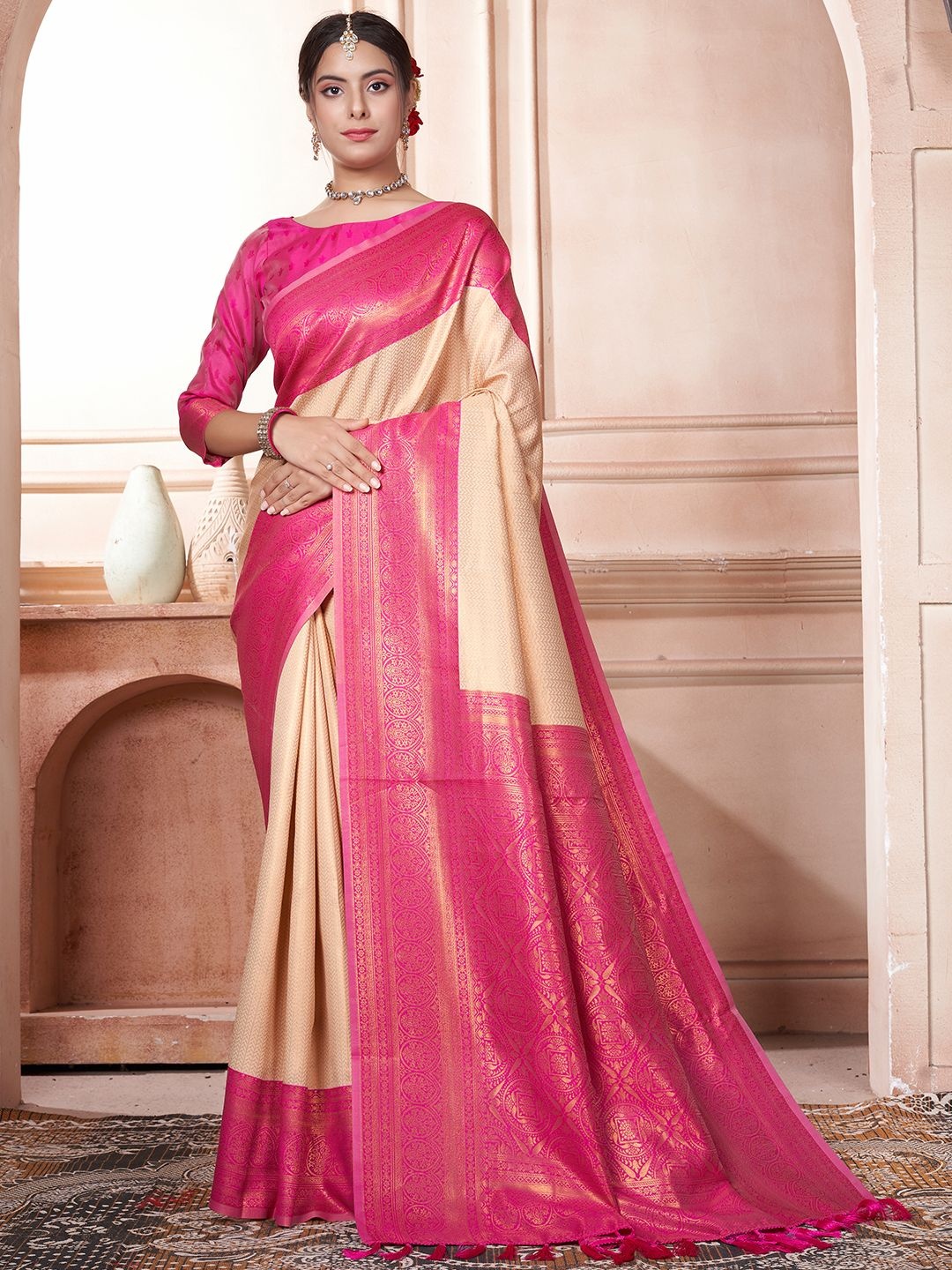 

DIVASTRI Woven Design Zari Silk Blend Kanjeevaram Saree, Beige