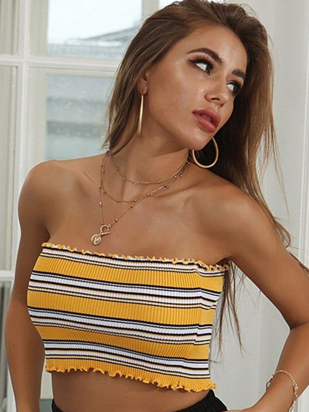 

HERE&NOW Striped Off-Shoulder Tank Crop Top, Yellow