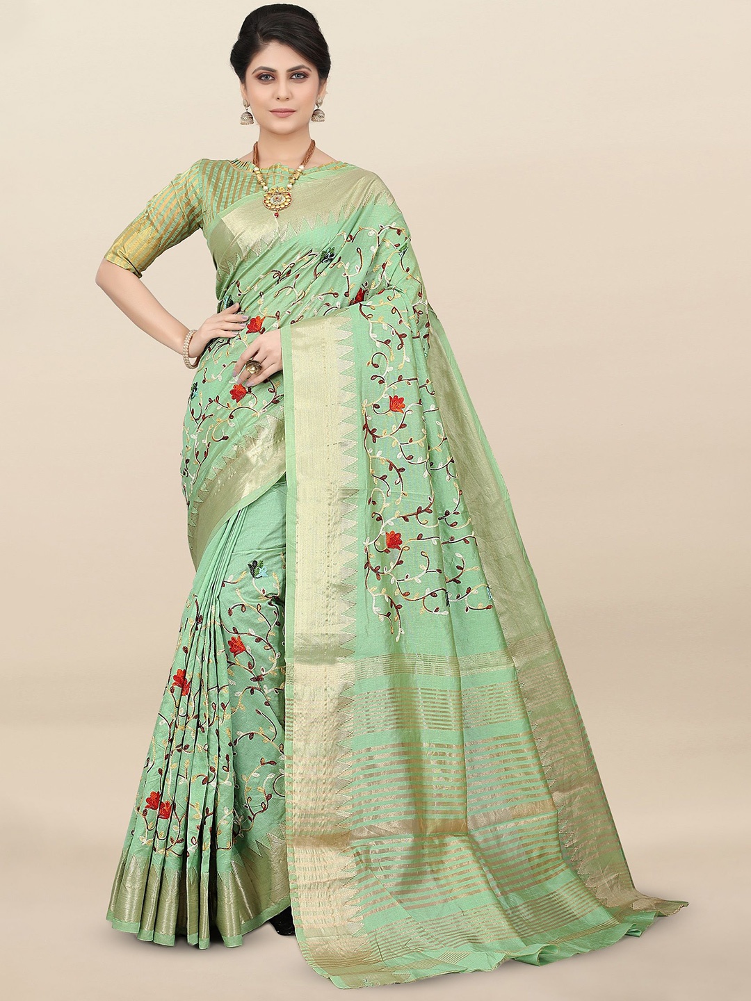 

DIVASTRI Ethnic Motifs Embroidered Silk Cotton Saree, Green