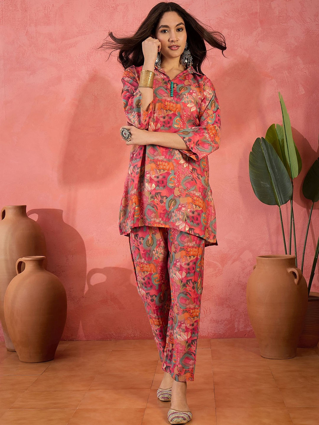 

Sangria Floral Printed Tunic With Trouser, Pink