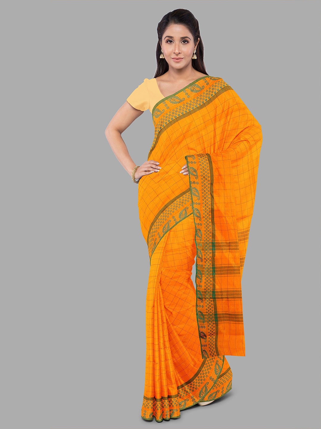 

The Chennai Silks Checked Zari Pure Cotton Chettinad Saree, Orange