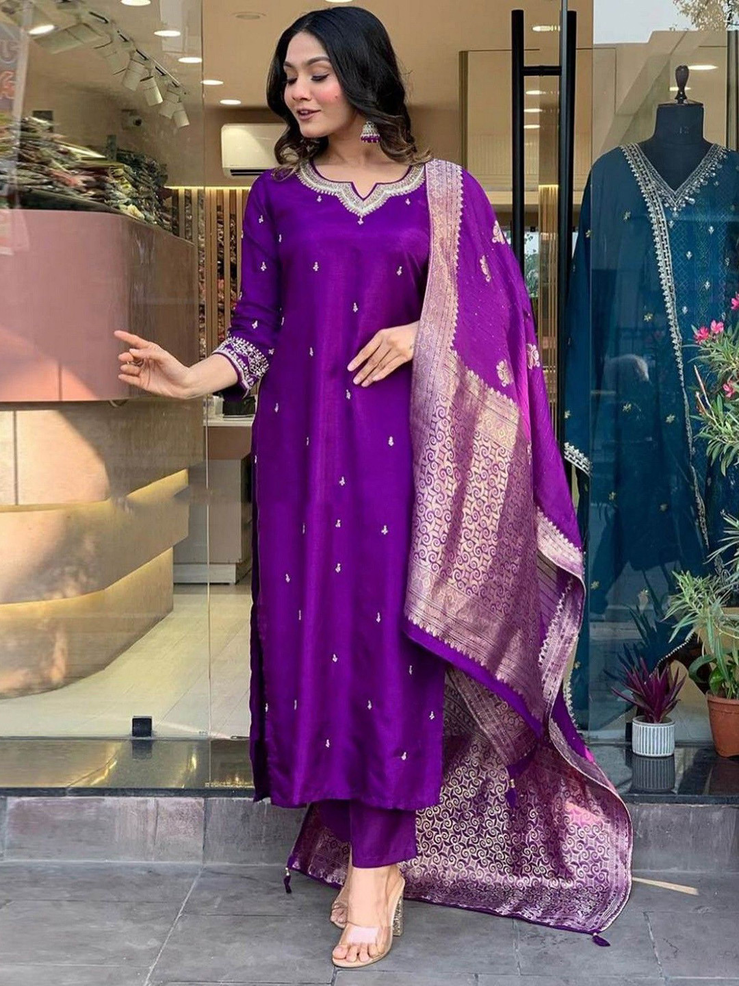 

ZEEPKART Ethnic Motifs Embroidered Notch Neck Straight Kurta With Trousers & Dupatta, Purple