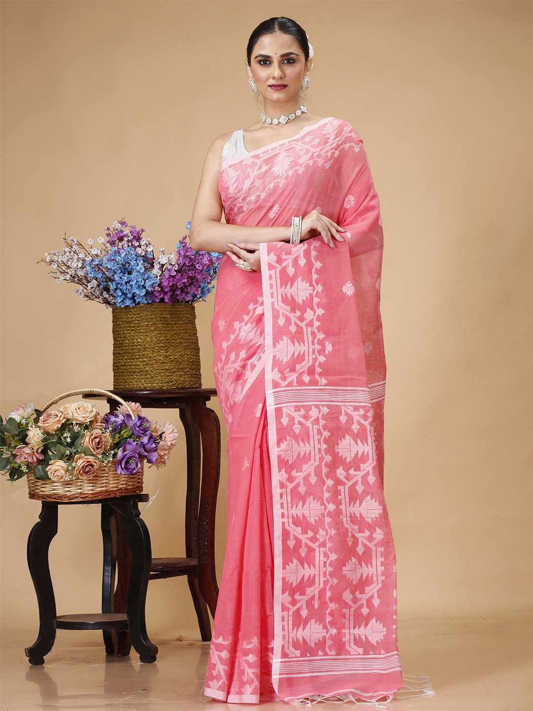 

SLAGHA Ethnic Motifs Silk Cotton Taant Saree, Rose