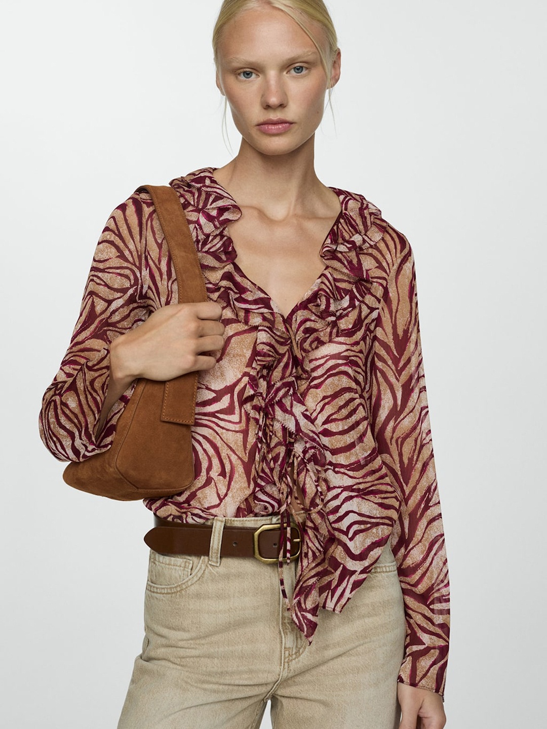 

MANGO Print Ruffles Top, Mauve