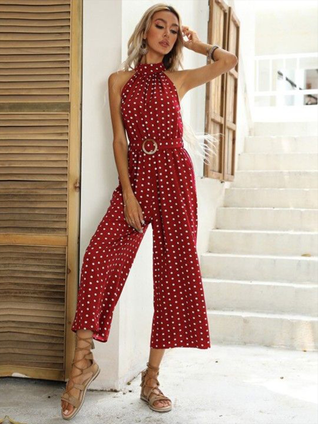 

HERE&NOW Halter Neck Printed Basic Jumpsuit, Maroon