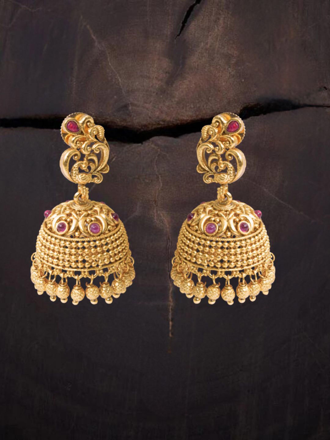 

South Temple Jewellery Gold-Plated Artificial Stoned Studded Dome Shaped Jhumkas