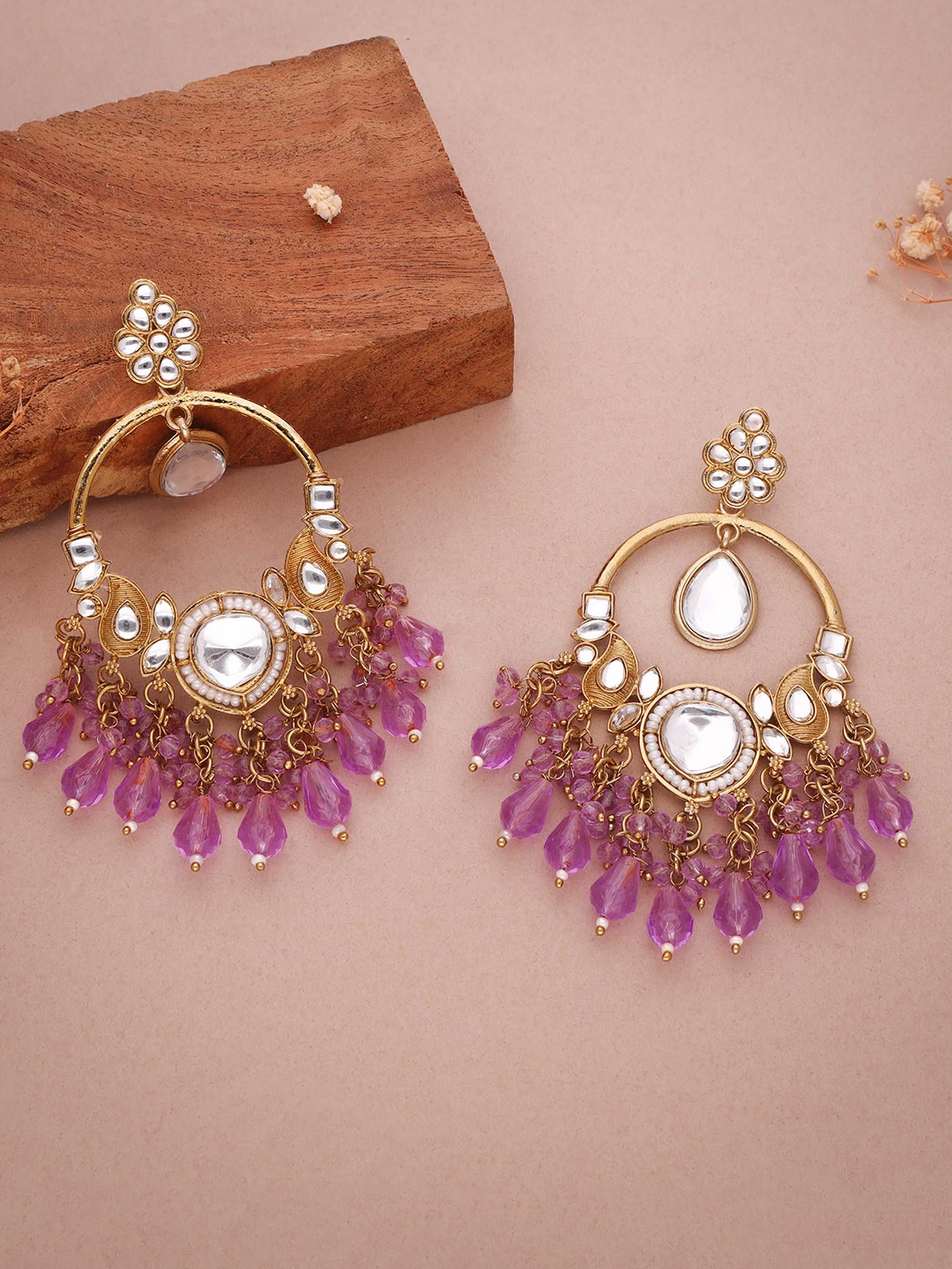 

Lyriss Gold-Plated Artificial Stones Studded And Beaded Floral Shaped Drop Earrings