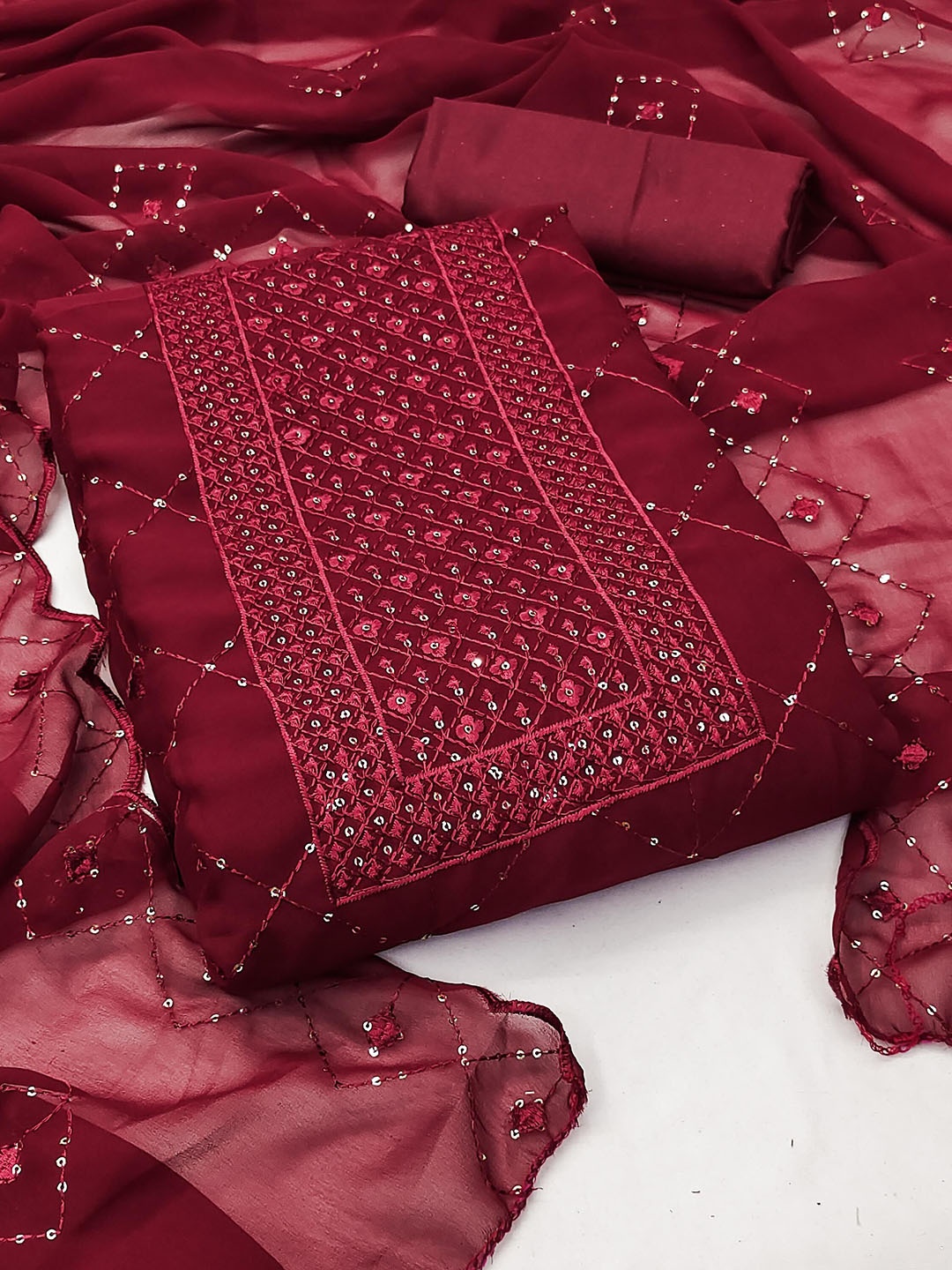 

SAINOOR Geometric Sequinned Silk Georgette Unstitched Dress Material, Maroon