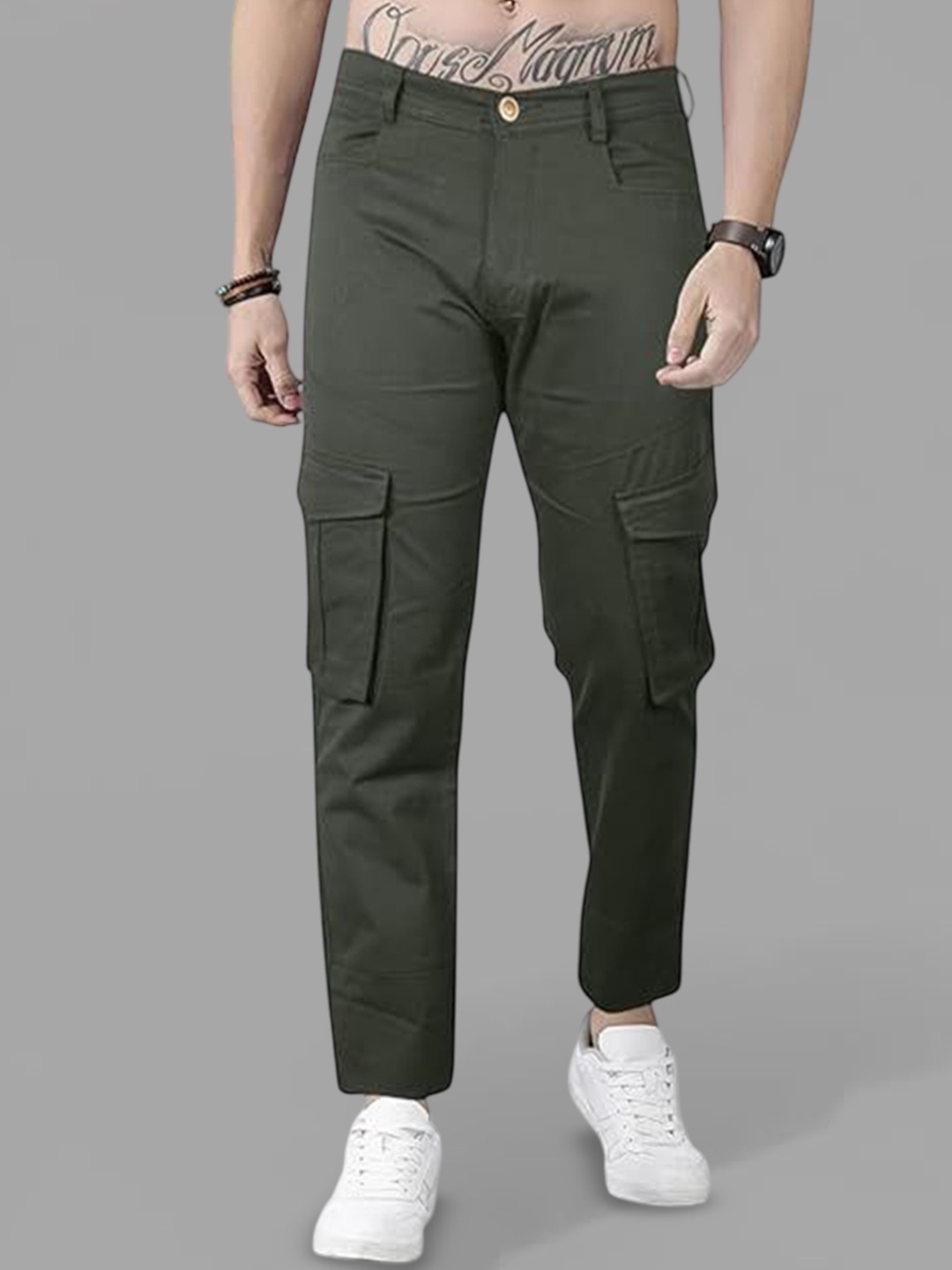 

LUXURY BY LAMIS Men Smart Slim Fit Mid-Rise Cargos Trousers, Olive
