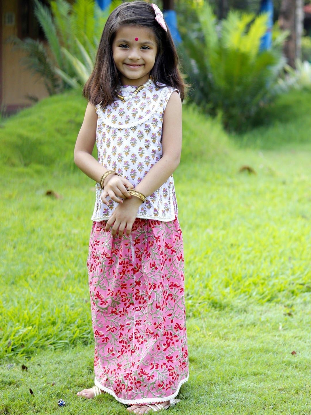 

Thread & Button Girls Printed Pure Cotton Top With Skirt, White