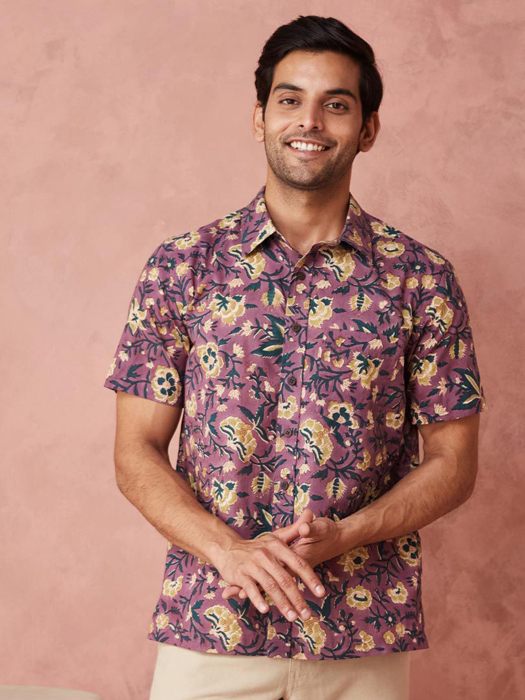 

Fabindia Men Floral Opaque Printed Casual Shirt, Purple